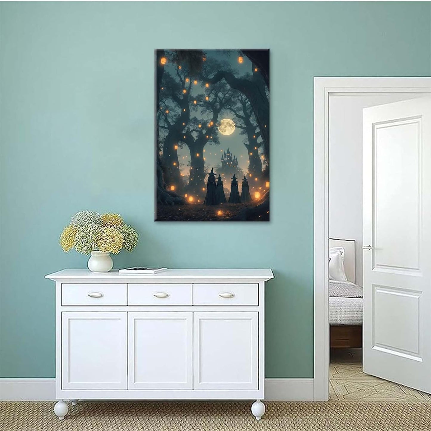 JFHCQJPK Mysterious creek painting witch and castle in magic forest art print canvas gothic print dark college decoration poster for home bedroom24x36in Frameless