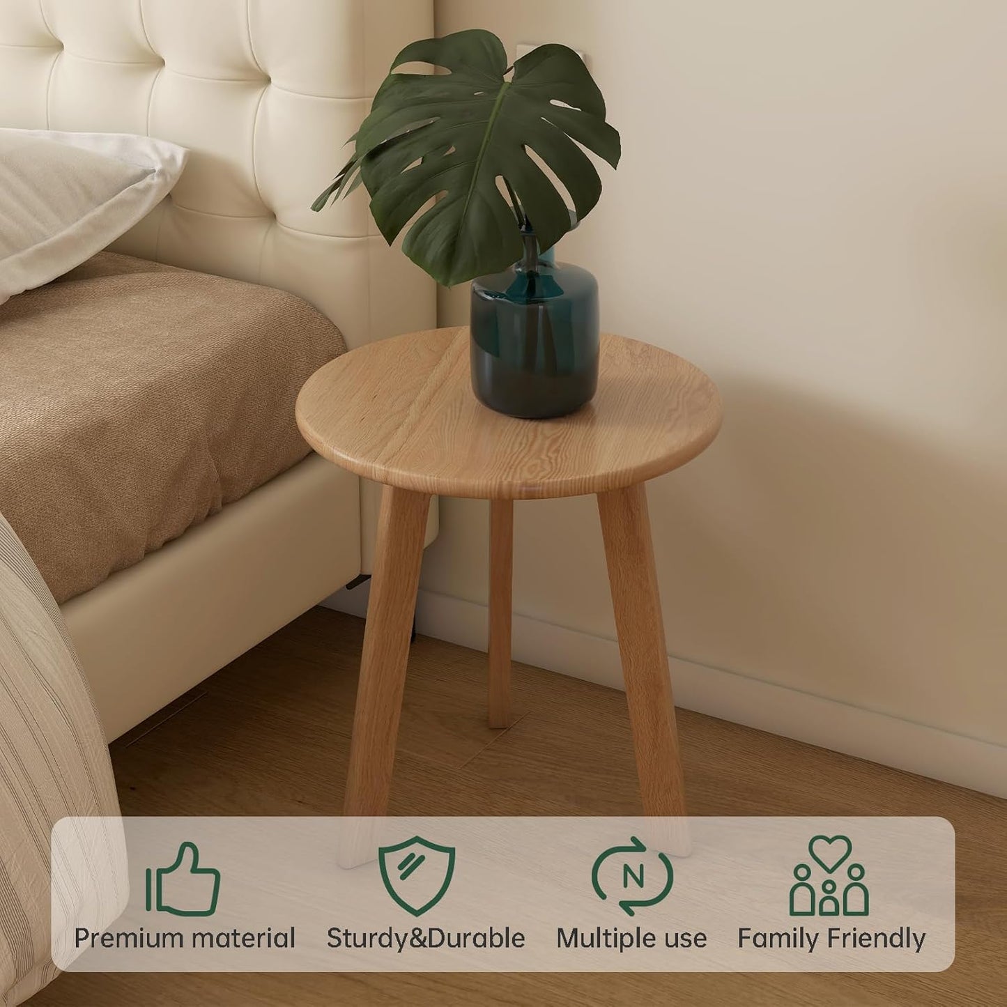 100% Solid Oak Round Side Table, Small Bedside Table for Small Spaces, Living Room End Table with Stable Frame for Bedroom Couch, (Natural, 17.71" D x 19.68" H)