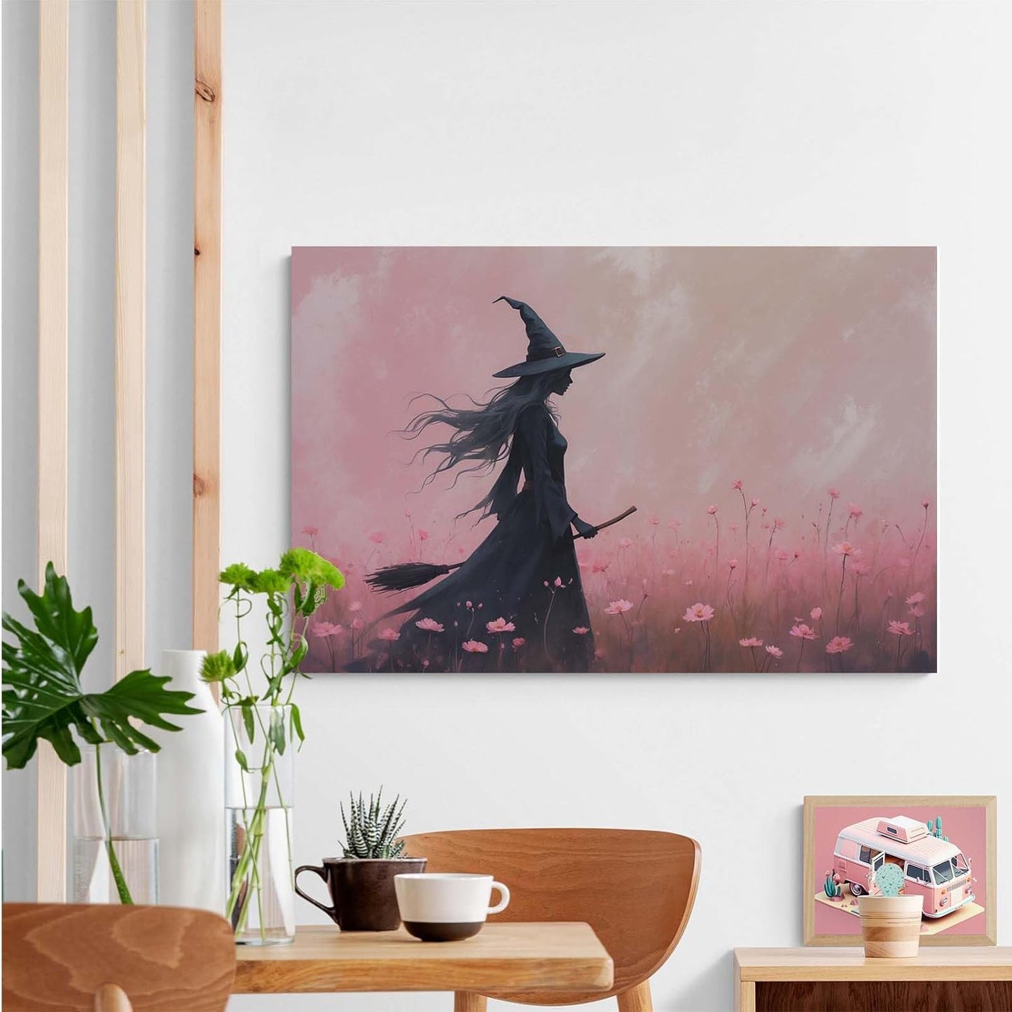Witch in the pink sea of flowers Halloween prints weird flowers wall art silhouette painting fashionable romantic decoration suitable for bedroom28x40in Wood Framed