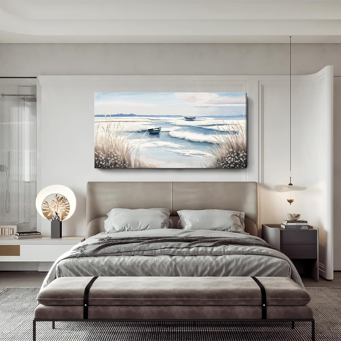 amatop Extra Large Wall Art for Living Room –Big Coastal Beach Minimalist Canvas Artwork with Sailboat Ocean Waves and Reeds Nautical Seascape Picture for Bedroom Decor Blue58x29 Inch