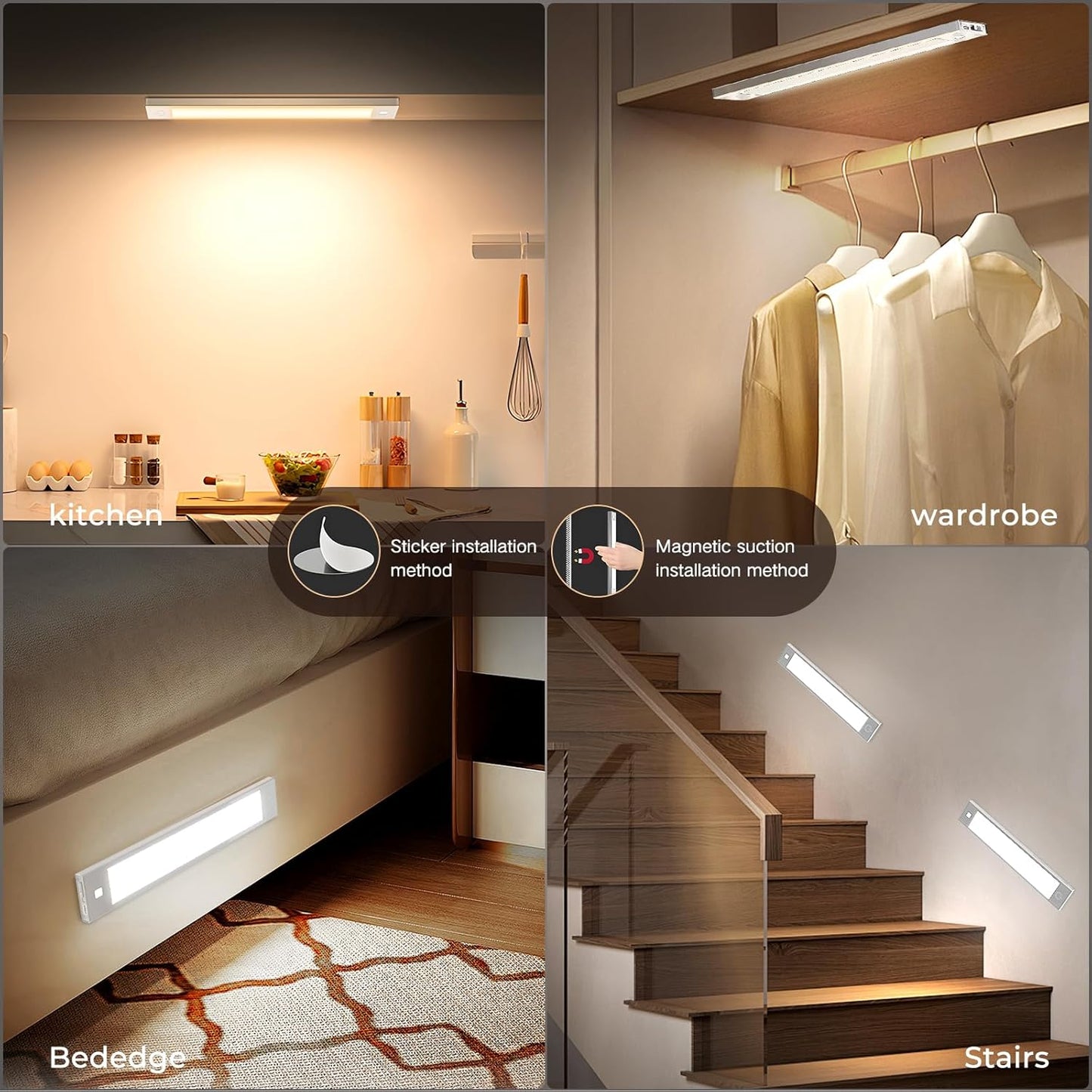 VST 72 LEDs Motion Sensor Lights Indoor 3 Color Temps, Dimmable Under Cabinet Lighting, 1800mAh Rechargeable Step Light, Cordless Night Light for Stair, Wardrobe, Kitchen 2 Pack
