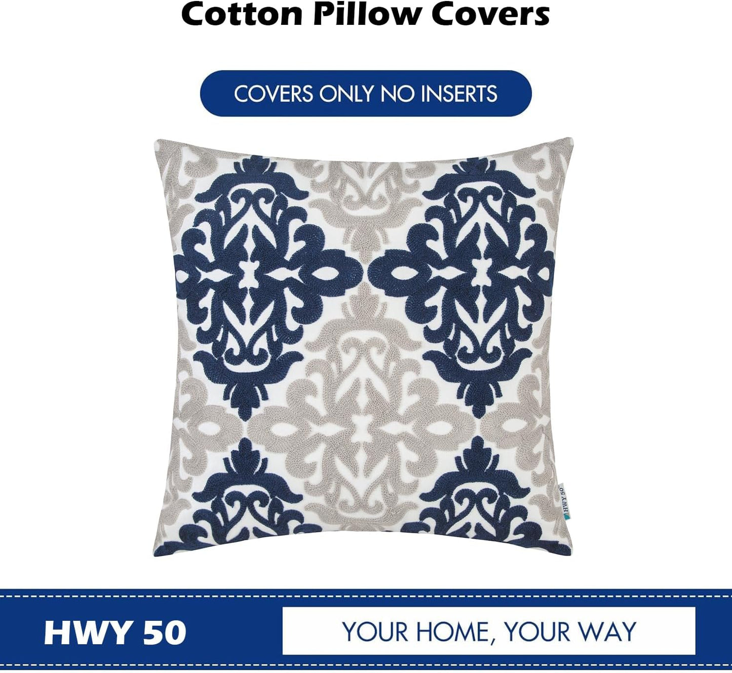 HWY 50 Navy Blue Decorative Throw Pillow Covers 18x18 Inch (1 Piece), Embroidered Cotton Farmhouse Cushion Cover Pillow Case for Sofa Couch Living Room Bed Bedroon, Floral Geometric