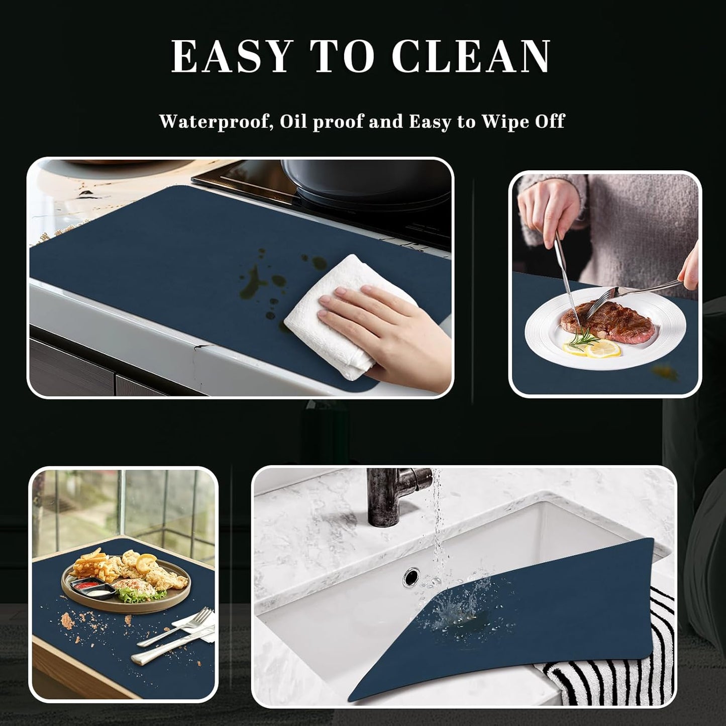 BLESWIN Faux Leather Placemats, PU Dining Table, Waterproof and Oil Resistant Easy to Clean, Heat Resistant Reversible Use Table Mats for Kitchen, Dining Table,Outdoor – 12 × 17 Inch, Dark Blue&Yellow