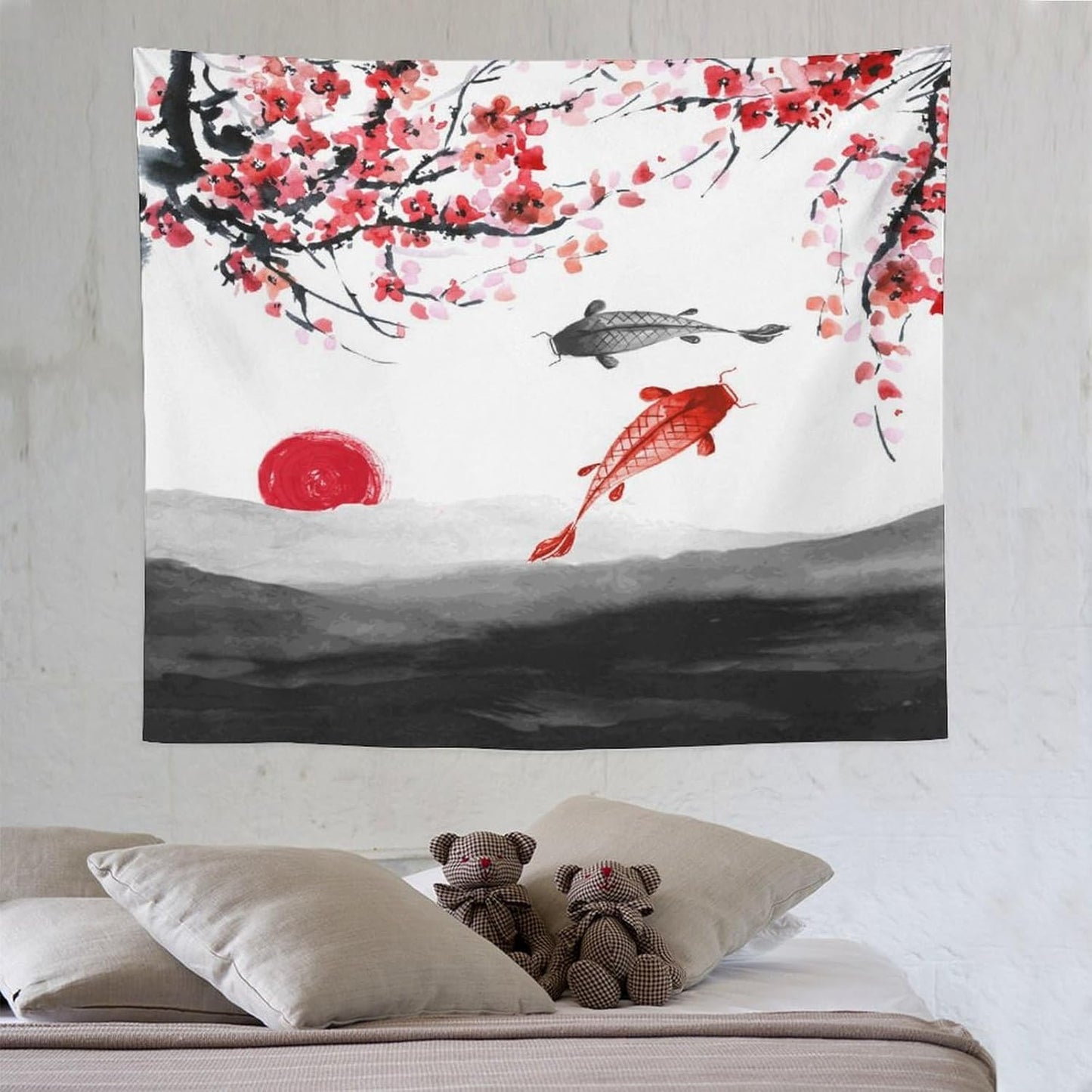 Houselerax Japanese Koi Fish Tapestries, Cherry Blossoms Asian Oriental Flower Branch Koi Fish Carp Tapestry Wall Hanging for Bedroom Living Room Office Decor 60"x50"