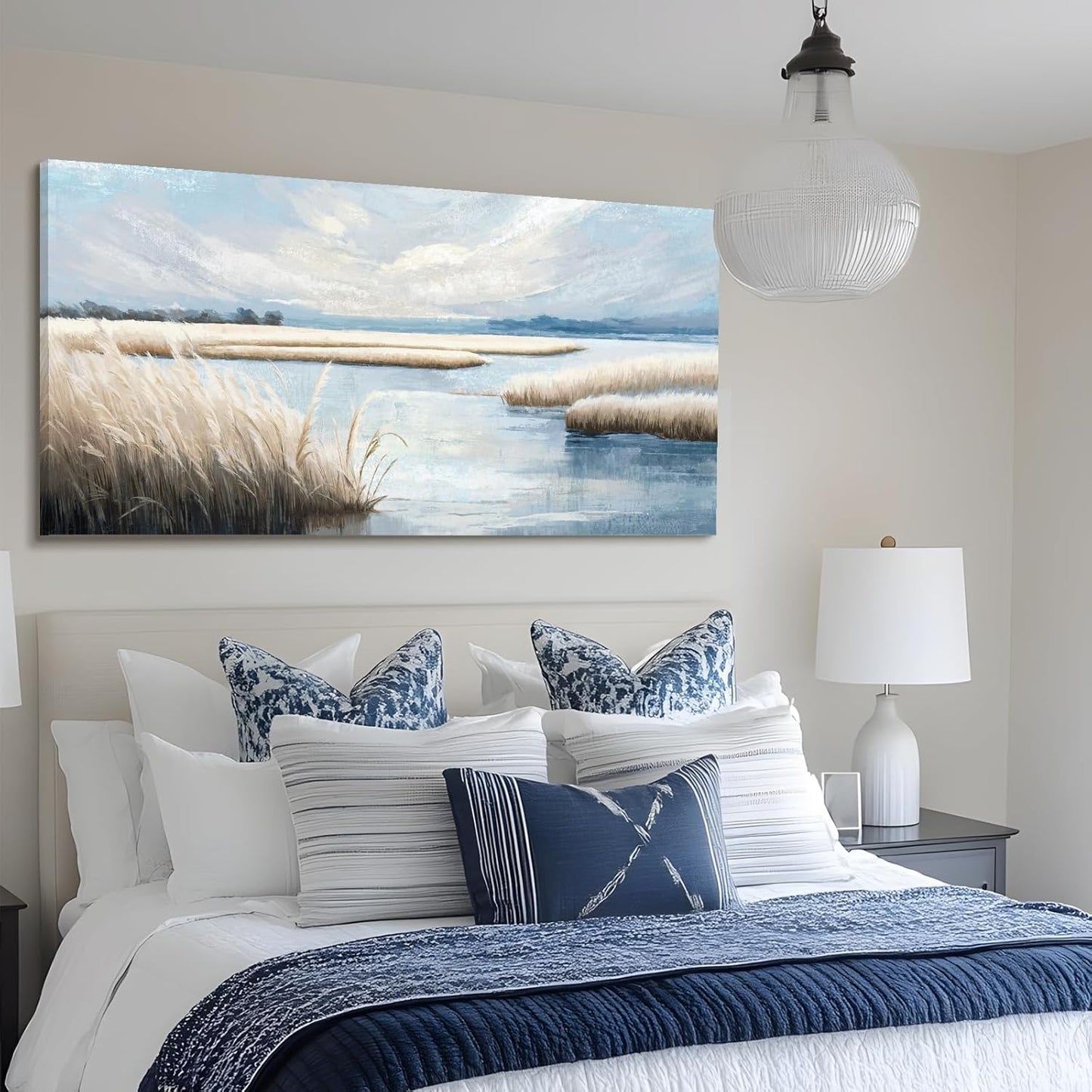 amatop Large Coastal Wall Art Abstract Landscape Beach Ocean Marsh Canvas Print Calming Soft Blue and Beige Wetland Picture Minimalist Neutral Nature Artwork for Bedroom Living Room Office 48x24