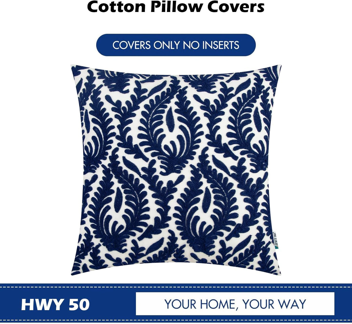 HWY 50 Navy Blue Decorative Throw Pillow Covers 18x18 Inch (1 Piece), Embroidered Cotton Farmhouse Cushion Cover Pillow Case for Sofa Couch Living Room Bed Bedroon, Floral Branches