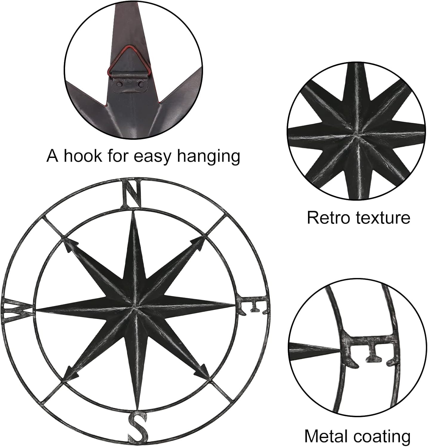 aboxoo Round Metal Compass Decorative Compass Metal Wall Art Hanging Wall Sculpture 11 Inch Black Diameter Farmhouse Decor Indoor or Outdoor Sign