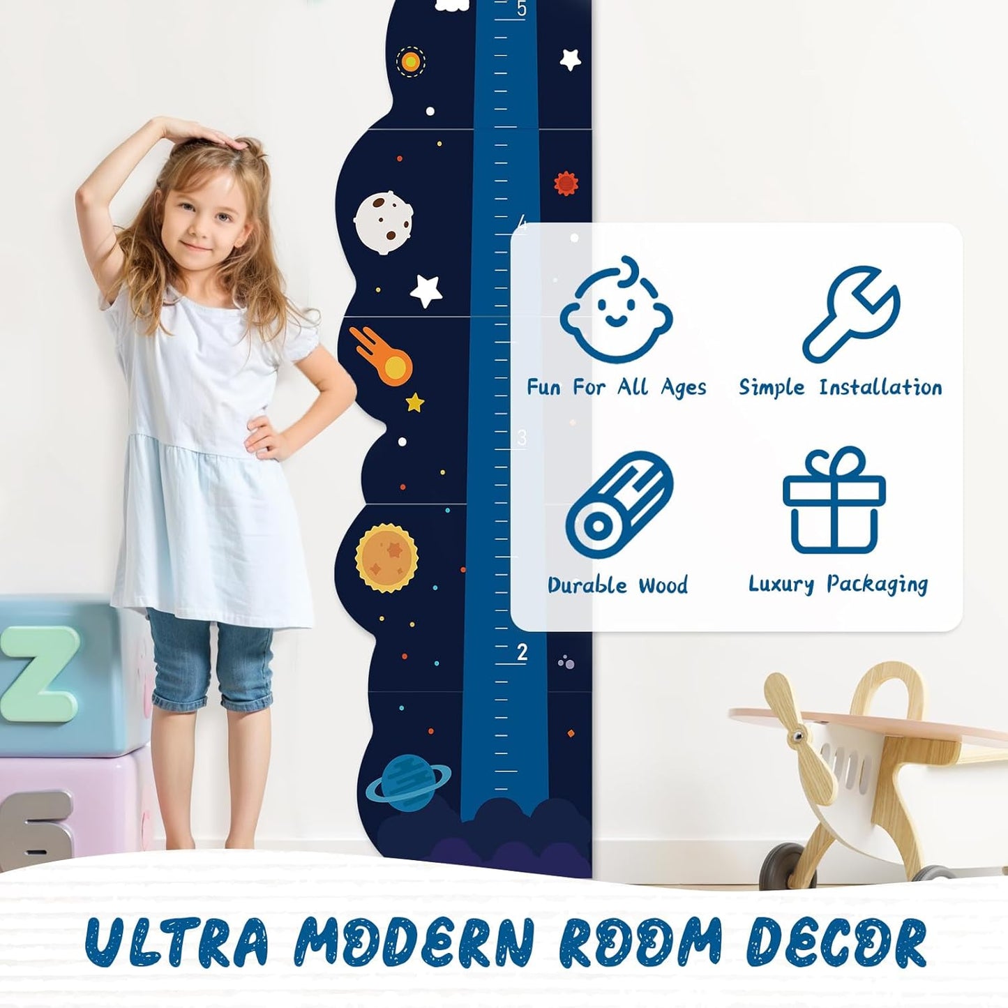 Personalized Name Growth Chart for Wall, Rocket Wood Height Chart for Kids, Height Measurement for Wall, Boy Girls Height Wall Chart Growth Measuring Ruler, Toddler Playroom Decor