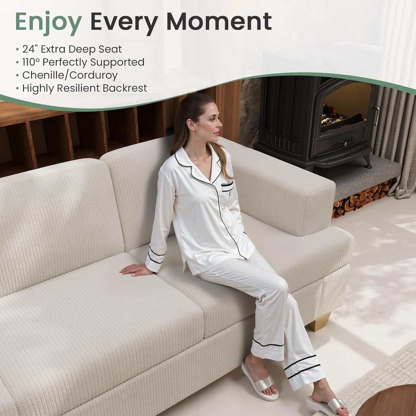 2 Pieces Corduroy Couch Set for Living Room, 5 Seats Cloud Sofa, Deep Seat Floor Couch for Bedroom, Futon Modern Sofa Bed, White Corduroy