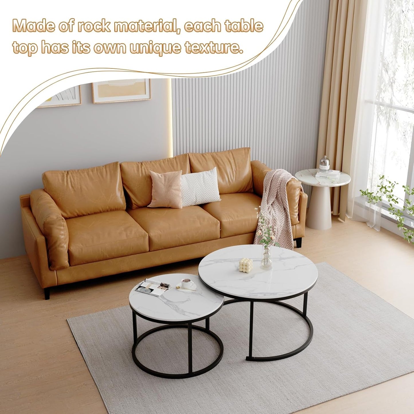 ZL ZELing White Nesting Coffee Table Set of 2, 27'' Round Coffee Table Sintered Stone Top & Metal Frame, End Tables Center Table for Living Room, Small Space