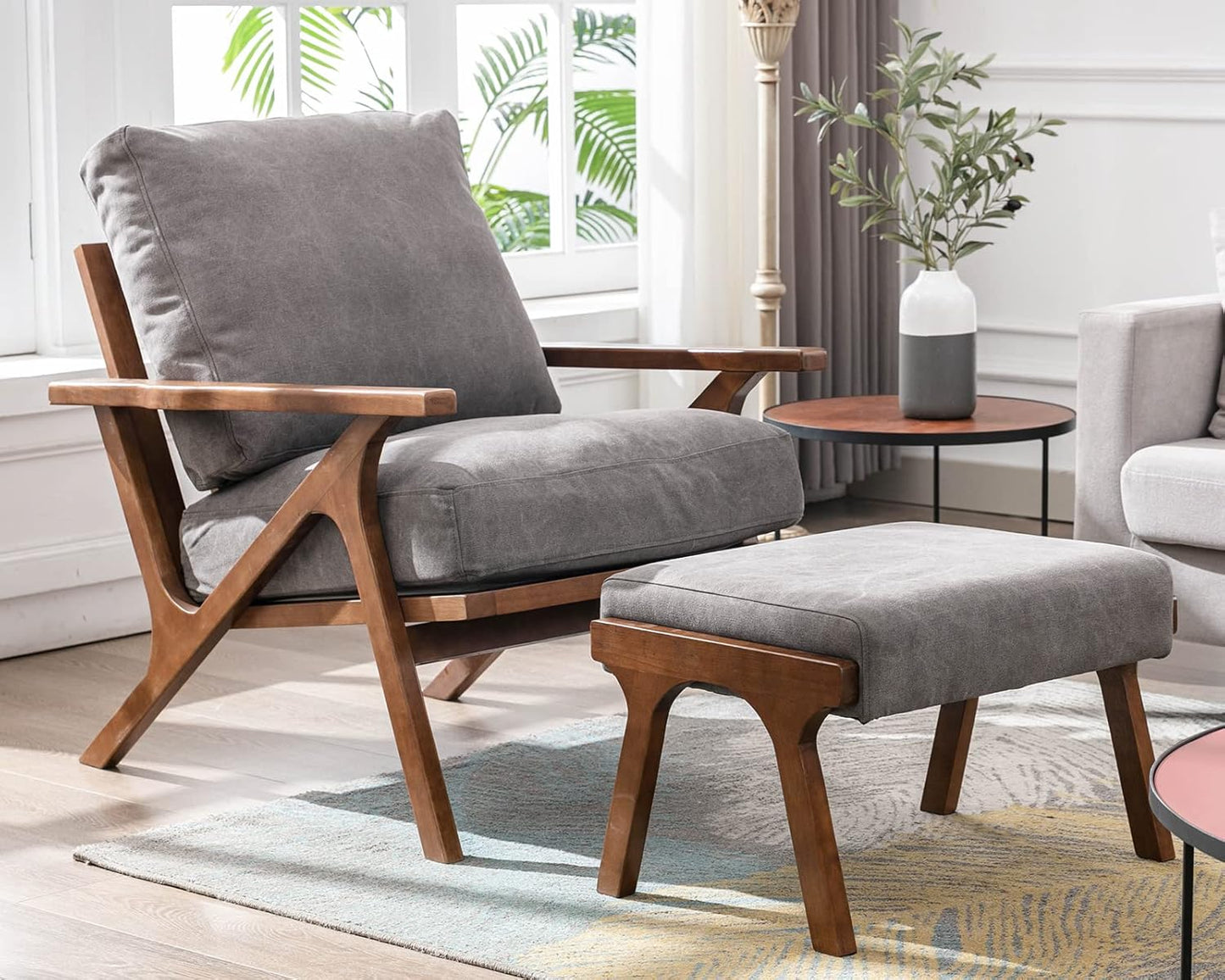 Mid Century Modern Accent Chair with ottoman, Farmhouse Linen Upholstered Living Room Armchair and Ottoman Set, 23" Seat Wide Retro Leisure Lounge Chair with Wood Frame for Home, Bedroom, Office, Grey