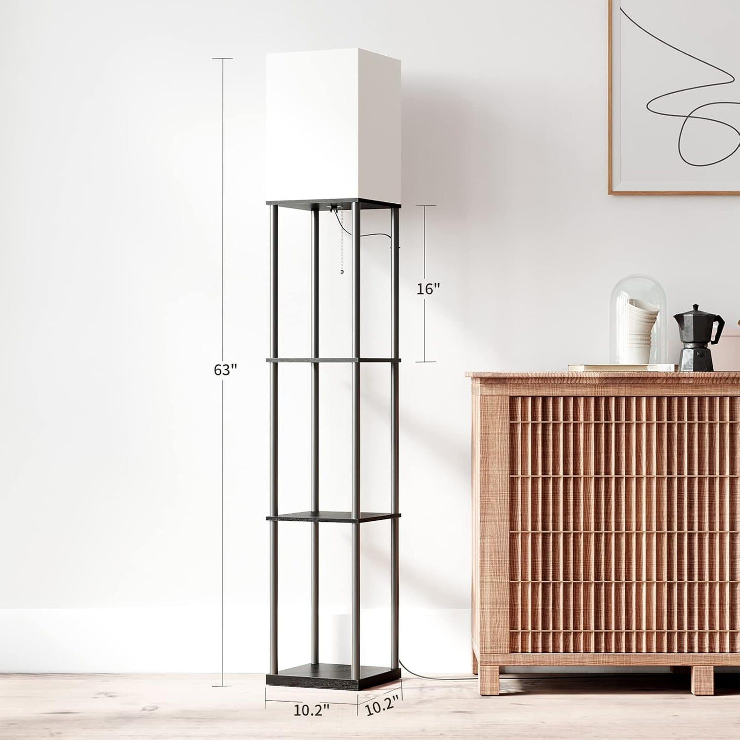 SUNMORY Floor Lamp with Shelves, Modern Square Standing Lamp with 3 Color Temperature Bulb, Corner Display Bookshelf Lamp for Living Room and Bedroom(Black)