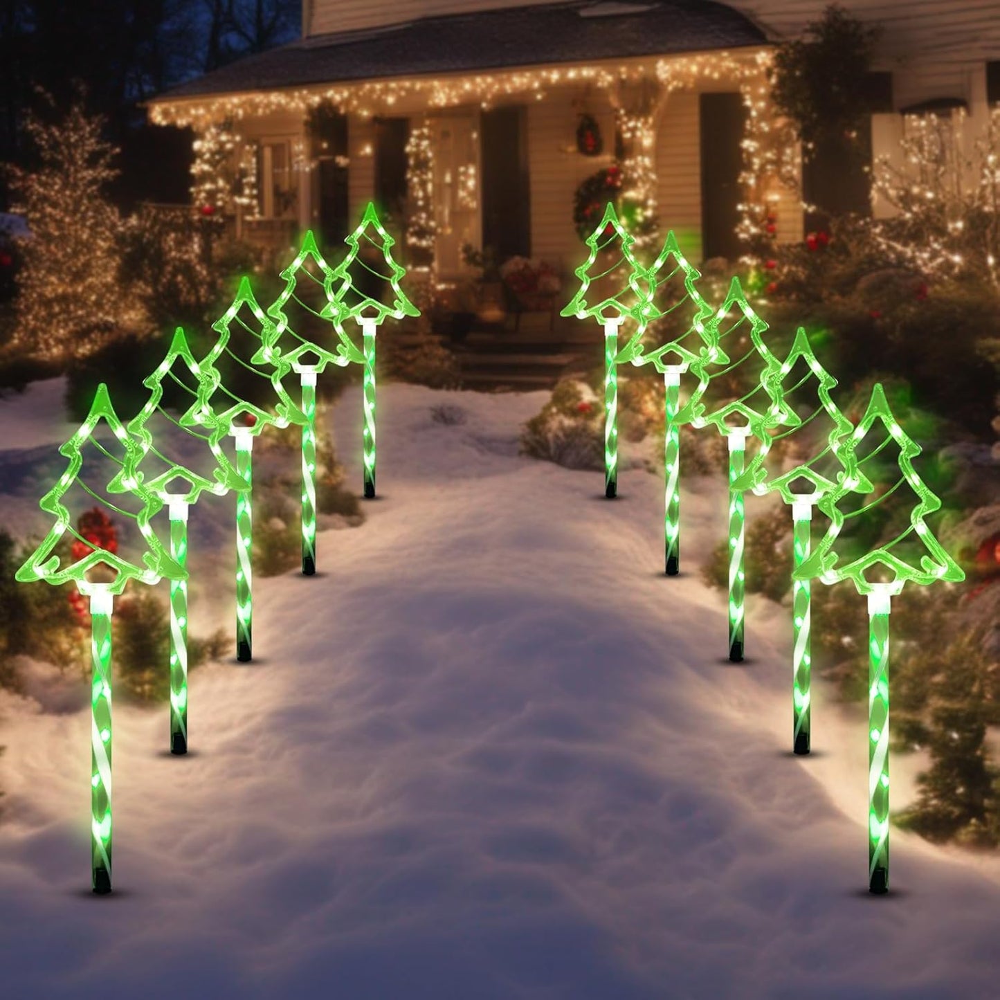 Christmas Solar Pathway Lights Outdoor Decorations, 8 Modes Xmas Tree Candy Lights Waterproof Led Garden Stake Light for Walkway Yard Lawn Porch Holiday Decor 5-Pack (Green Tube Tree, 5 Pack)