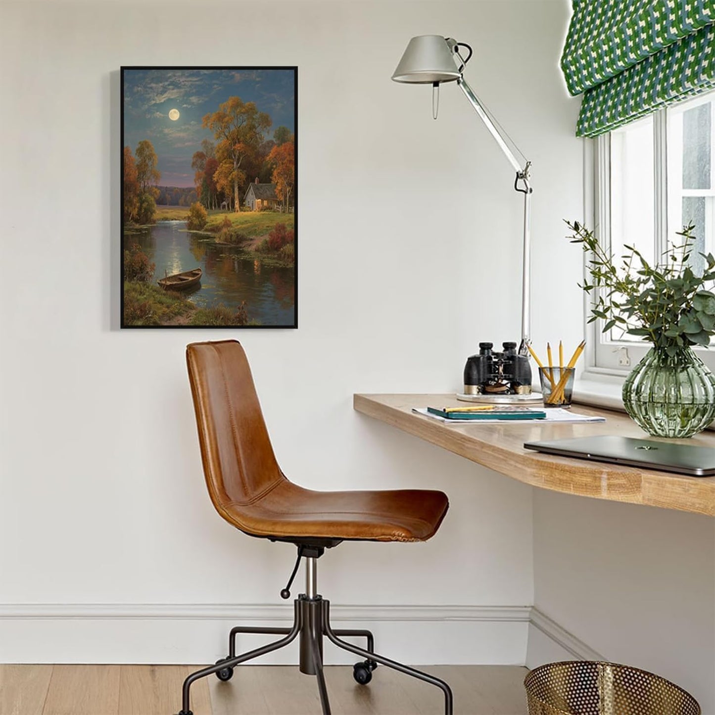 Small house by the stream under the moonlight tranquil style suitable for living room bedroom and office landscape poster wall art