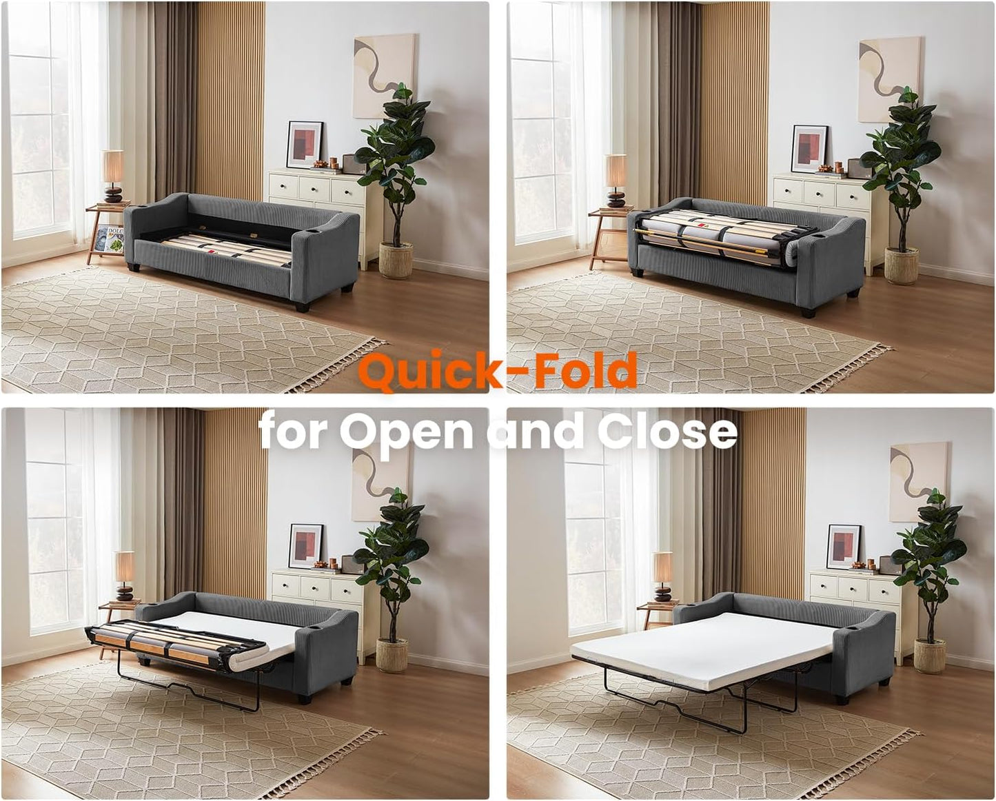 Pull Out Sofa Bed, Full Size Sleeper Sofa, 2-in-1 Convertible Corduroy Couch with USB Charging, Memory Form Couch for Living Room, Apartment and Small Space (Dark Grey, Corduroy - Queen Size)