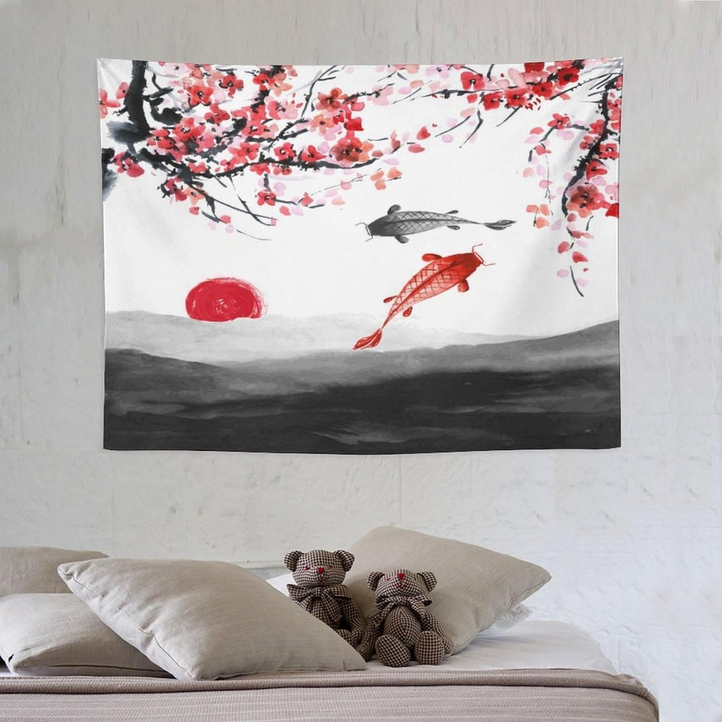 Japanese Koi Fish Tapestries, Cherry Blossoms Asian Oriental Flower Branch Koi Fish Carp Tapestry Wall Hanging for Bedroom Living Room Office Decor 40"x30"