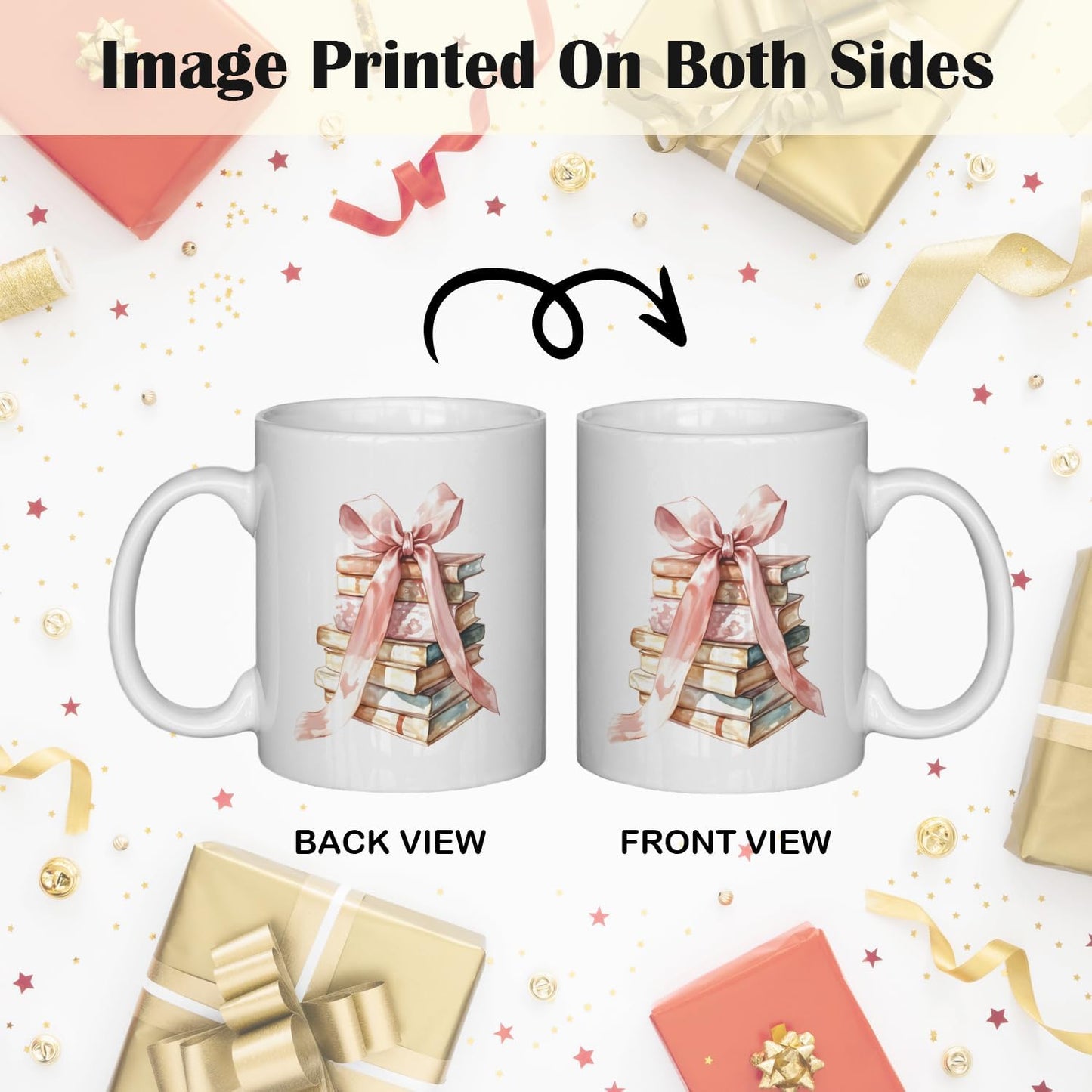 JINYO Coquette Pink Bow Books Mug, Book Coffee Cup, Reading Mugs for Book Lovers, Gifts for Readers Books Lovers Women, Bookish Bookworm Gifts for Women, Ceramic Coffee Tea Mug 11 oz