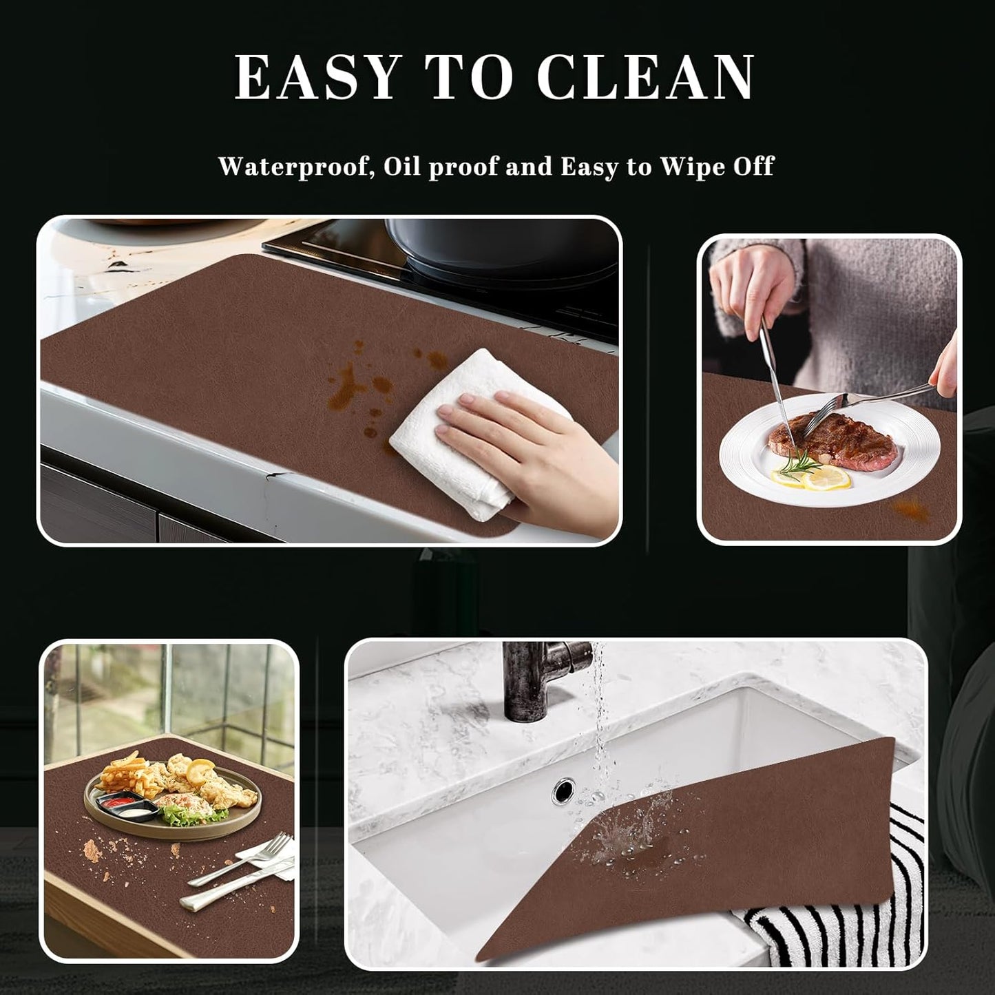 Faux Leather Placemats, Set of 4, 12''×17' Textures on Both Sides, Heat-Resistant, Waterproof and Oil-Proof, Reversible Place Mats for Kitchen, Dining Table, Outdoor - Brown