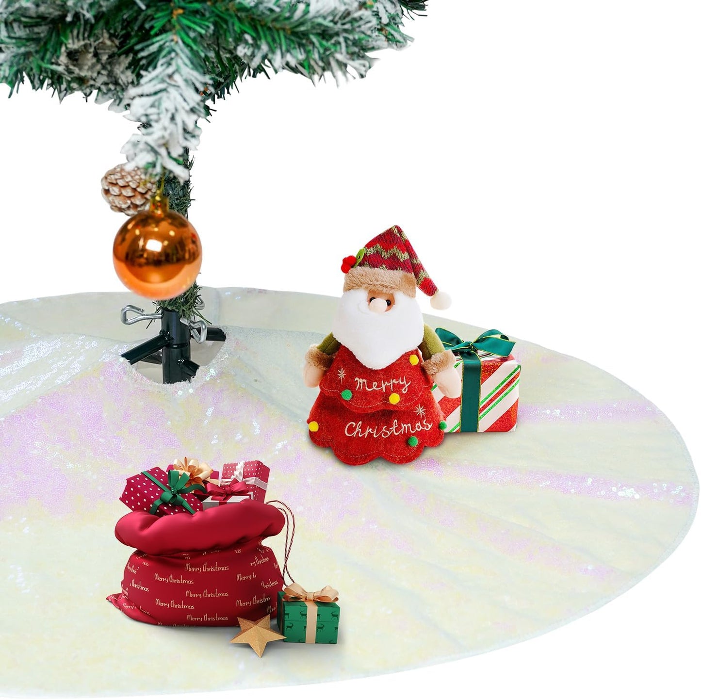 Eternal Beauty Christmas Tree Skirt, 50 Inch White Iridescent Sequin Tree Skirt Small Xmas Tree Skirt for Christmas Tree Decorations