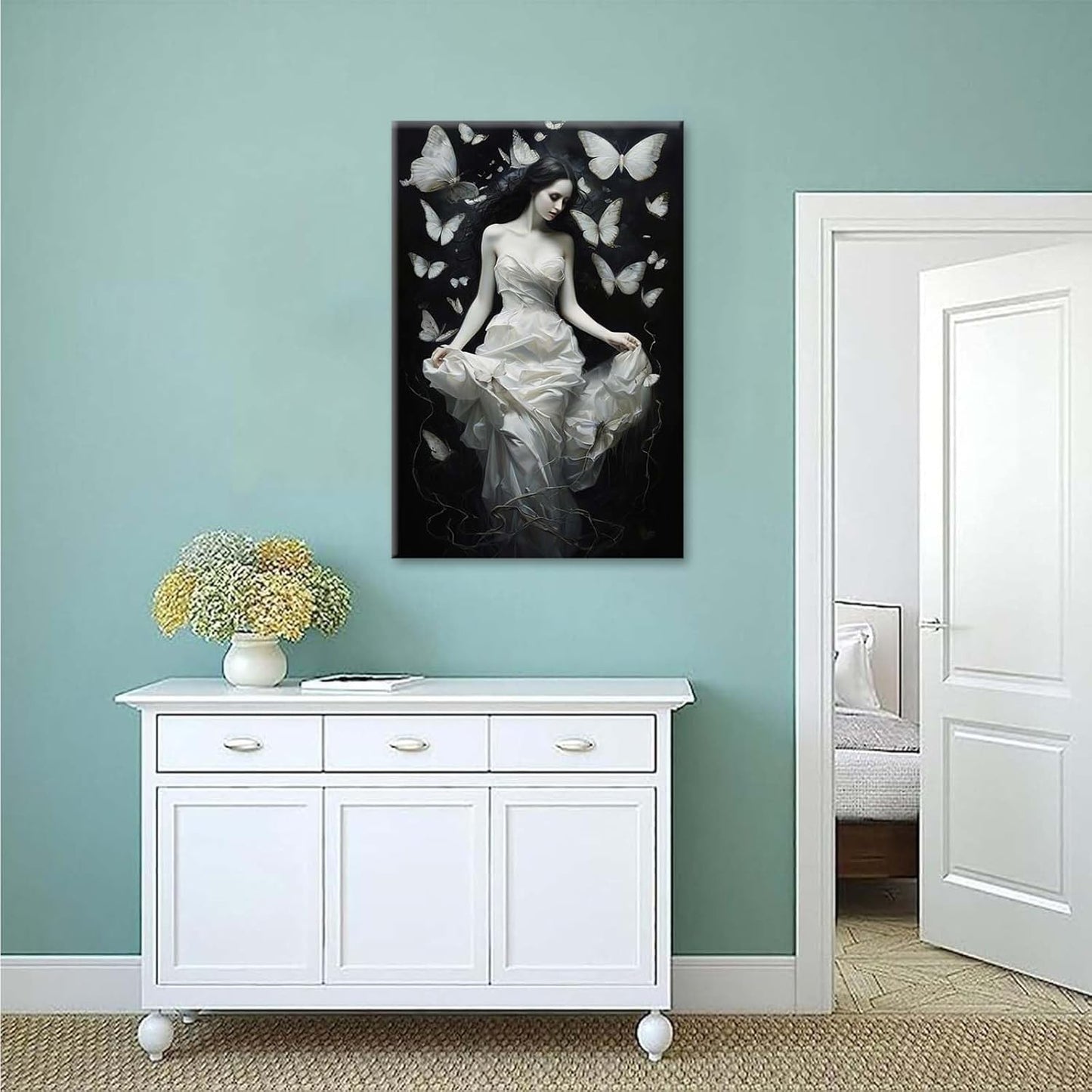 Vintage Gothic Feminine Canvas Wall Art Print Butterfly Poster Moody Preppy Wall Art Dark College Decor for Home Bedroom24x36in Wood Framed