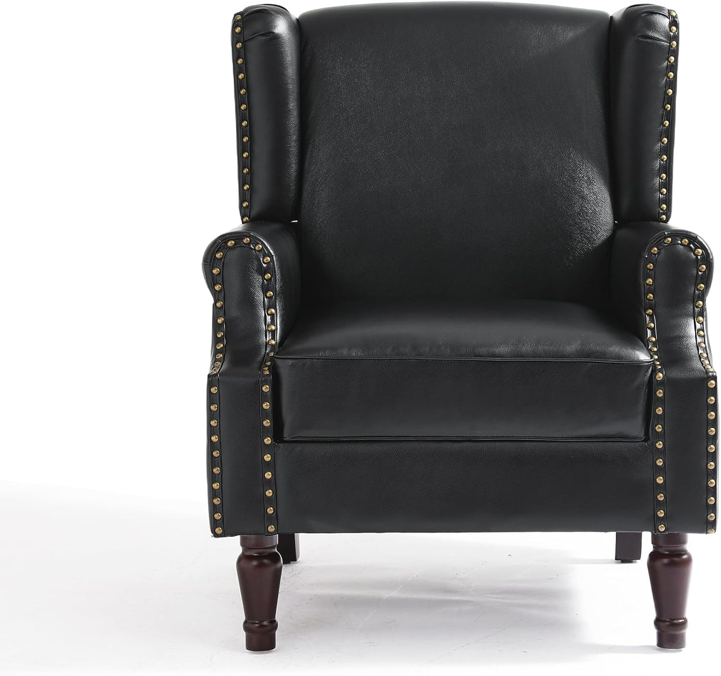 UIXE Faux Leather High Back Accent Chairs Set of 2, Upholstered Armchair for Living Room, Retro Wingback Arm Chair Nailhead Trim Single Sofa Bedroom Reading Seat with Solid Wood Legs - Black