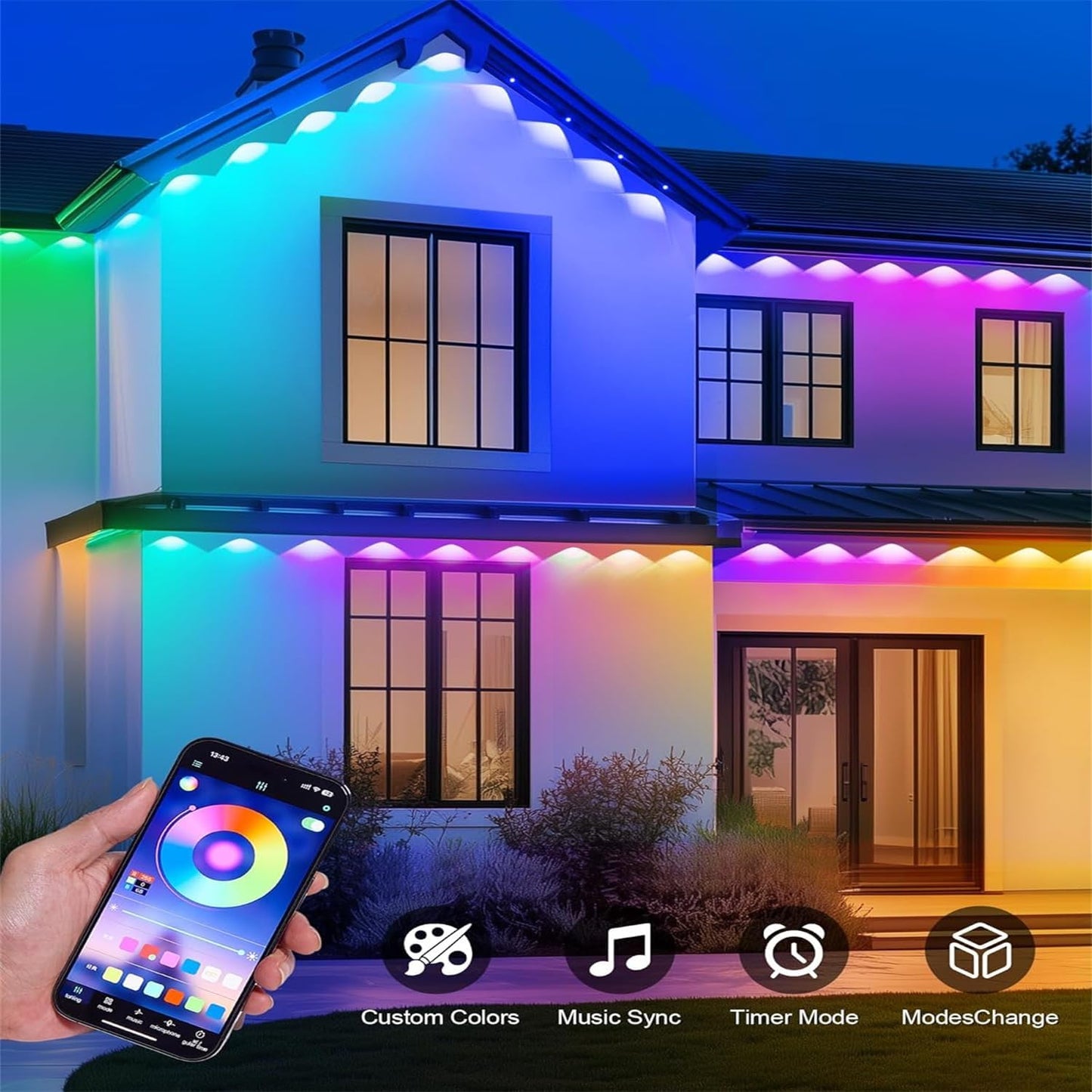 Permanent Outdoor Lights,100ft RGB + IC Smart LED Eaves Lights with App & Remote Control, IP67 Waterproof,for Christmas and All Holiday Decor,Daily and Accent Lighting,House Roof and Garden Lighting