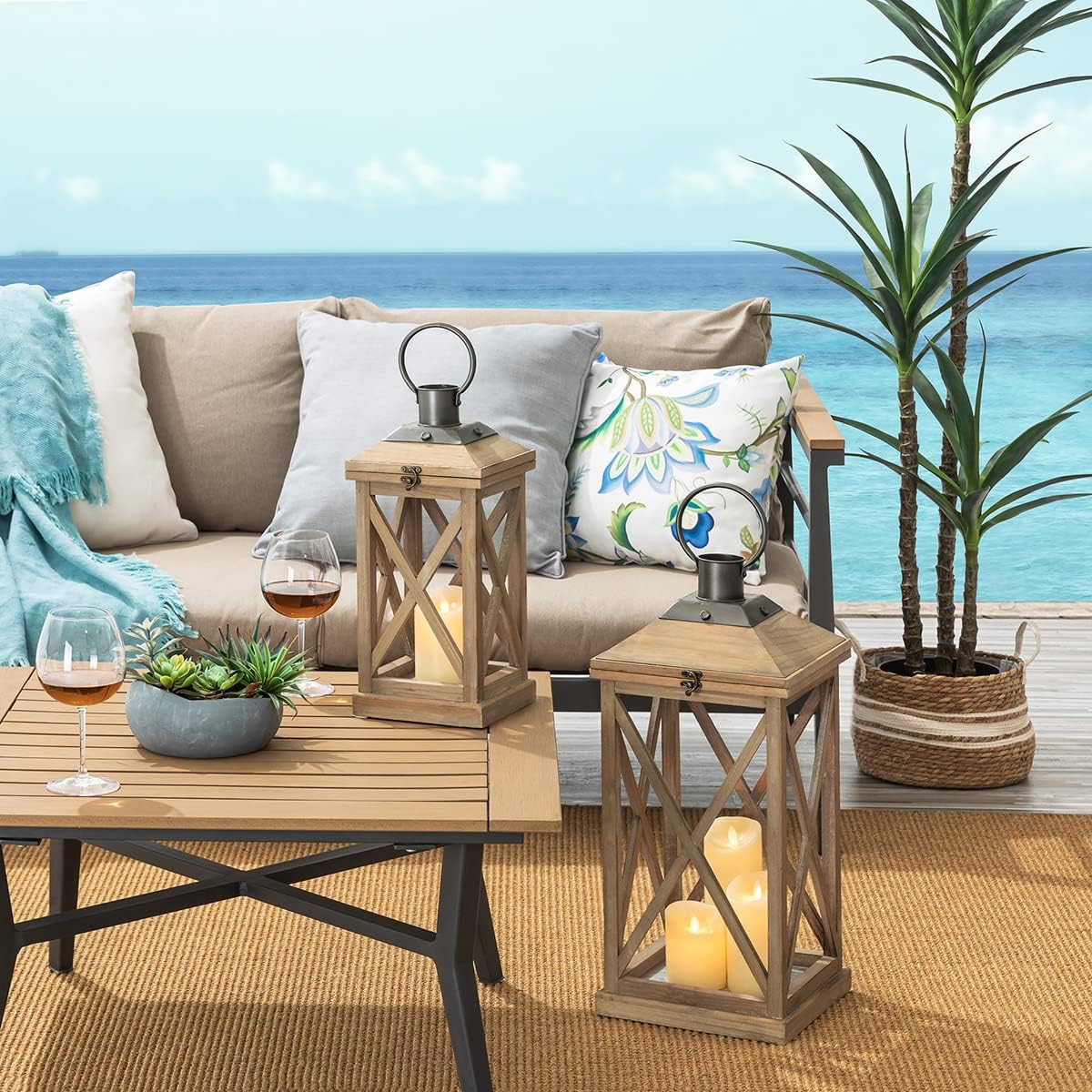 Glitzhome Mondern Farmhouse Wood Metal Lanterns Decorative Hanging Candle Lanterns Set of 2, Natural (No Glass)