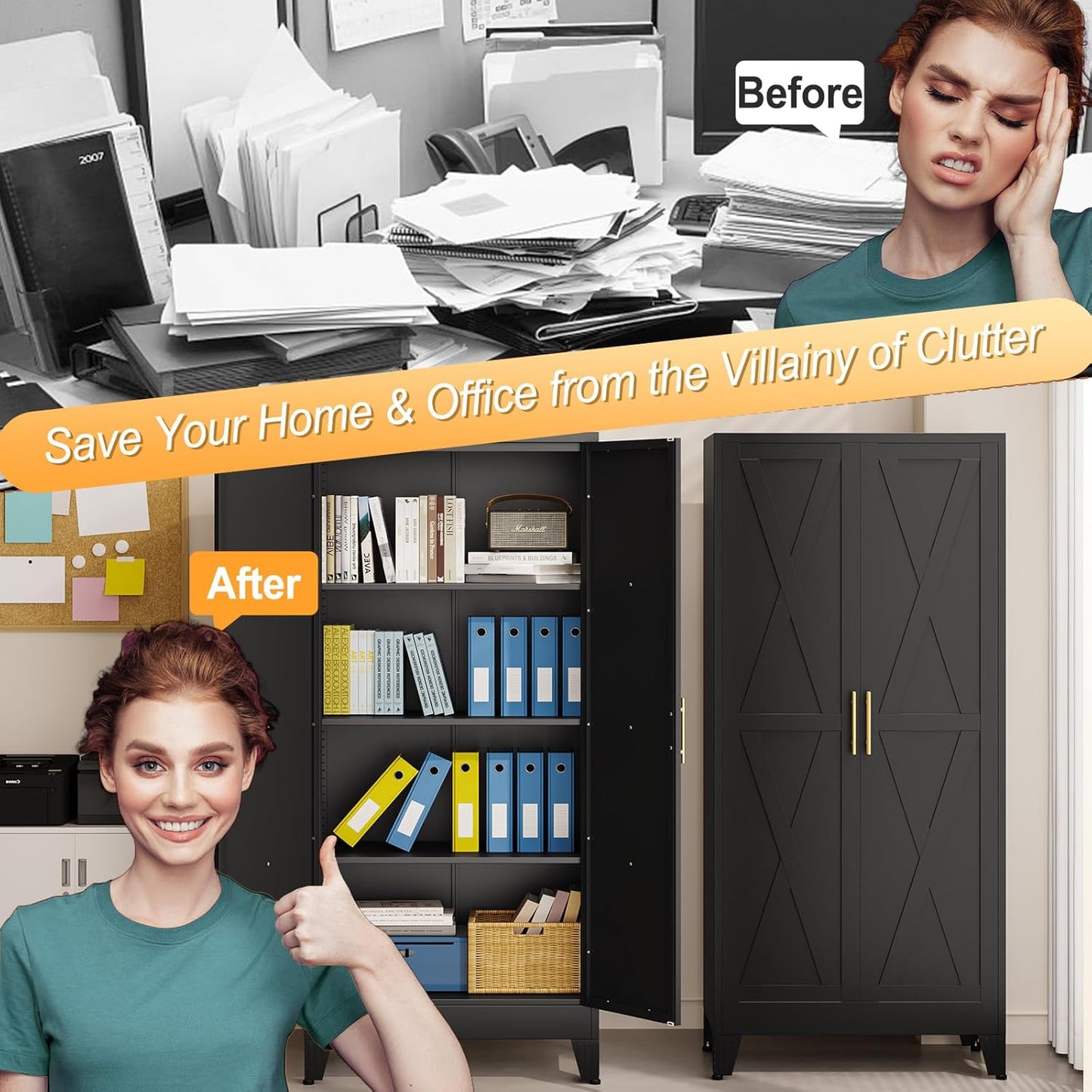 61" H Metal Kitchen Pantry Storage Cabinet, Freestanding Cupboard with 2 Doors and 3 Adjustable Shelves, Standing Storage for Kitchen, Bathroom, Garage, Dinning Room or Utility Room(Black)