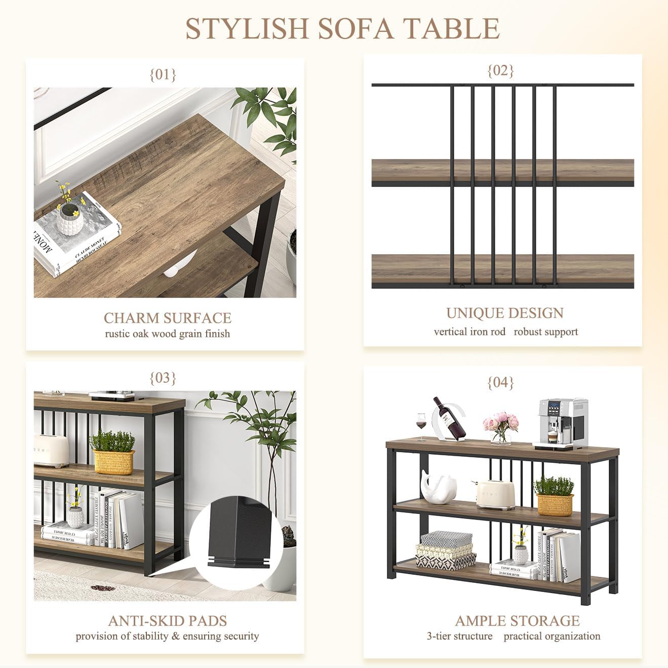 FOLUBAN Modern Sofa Table for Entryway, 3 Tier Narrow Console Table for Living Room Hallway Behind Couch, Rustic Oak