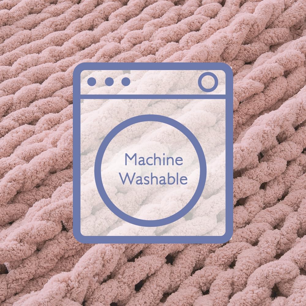 Bigacogo Chunky Knit Throw Blanket for Couch, 60x80 inches, 100% Hand Knitted with Thick Jumbo Chenille Yarn, Cozy Soft Large Rope Knot Cable Crochet Blankets for Sofa Bed Living Room, Dusty Pink