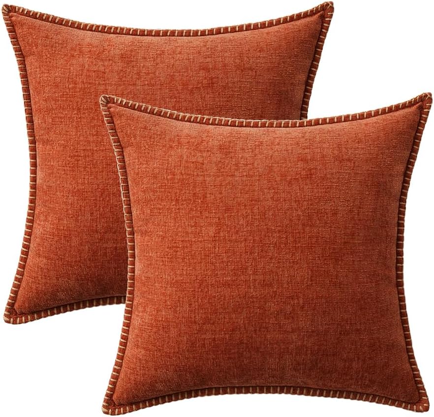 MIULEE Pack of 2 Fall Couch Throw Pillow Covers 50x50 cm Rust Farmhouse Decorative Pillow Covers with Stitched Edge Soft Chenille Solid Dyed Pillow Covers for Sofa Bed Living Room
