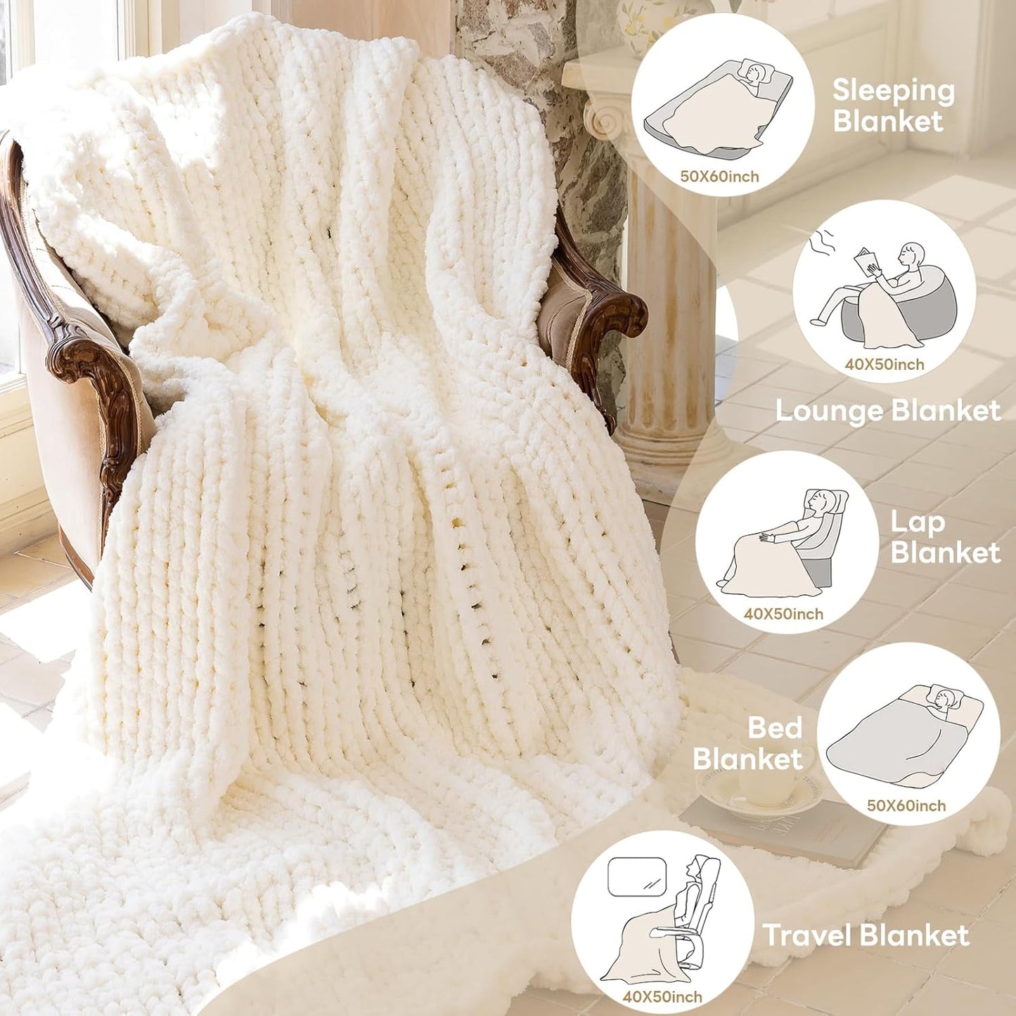 Chunky Knit Blanket - Luxury Soft Cozy 50 * 60 Throw Blanket,100% Woven Blanket Rope Knot Throw Blanket for Couch, Sofa, Home Decor, Gift - Machine Washable(Milk White)