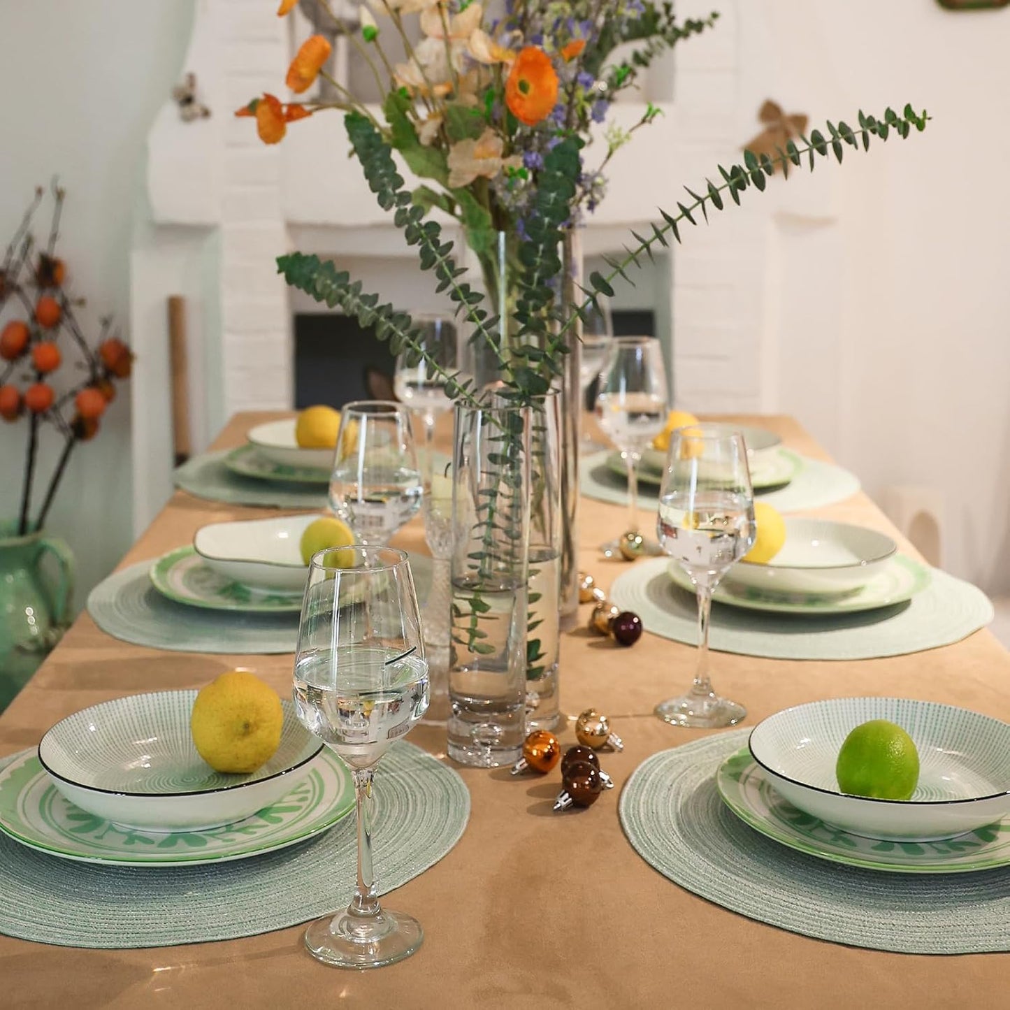 AHHFSMEI Round Braided Placemats Set of 6 Round Table Mats for Dining Tables Natural Woven Heat Resistant Place mats 15 Inch (Fog Green)