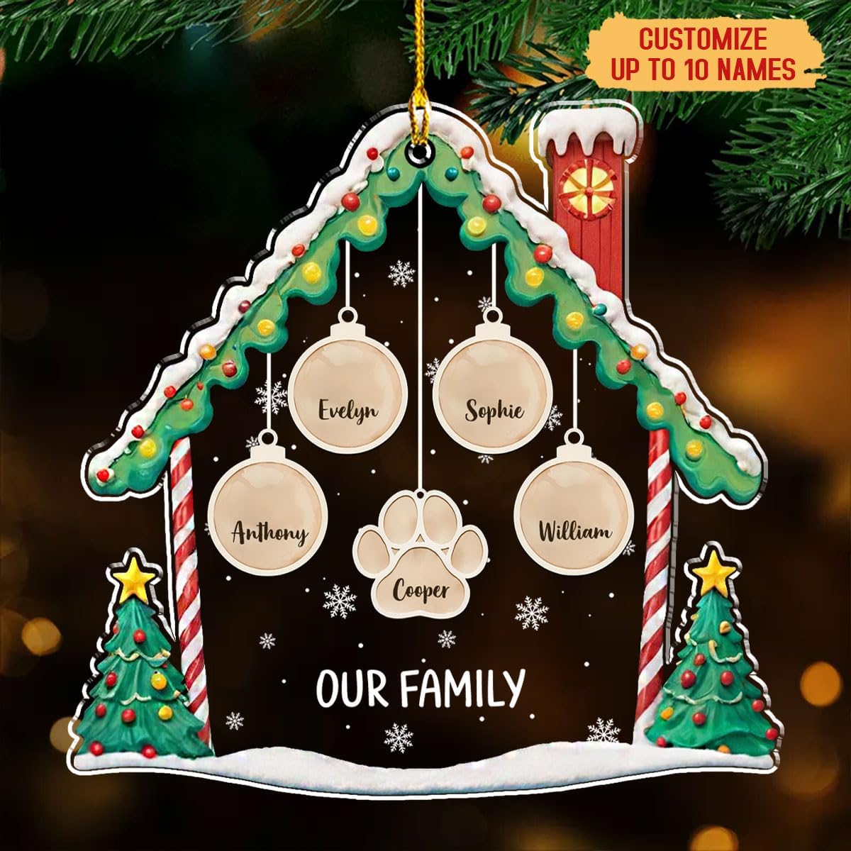Personalized Family Christmas Acrylic Ornament 2024 - Custom Name Charms Family Members up to 10 People and Pets, Paw Charm Ornament Gifts for Family Tree Decoration (A02, 5 Names)