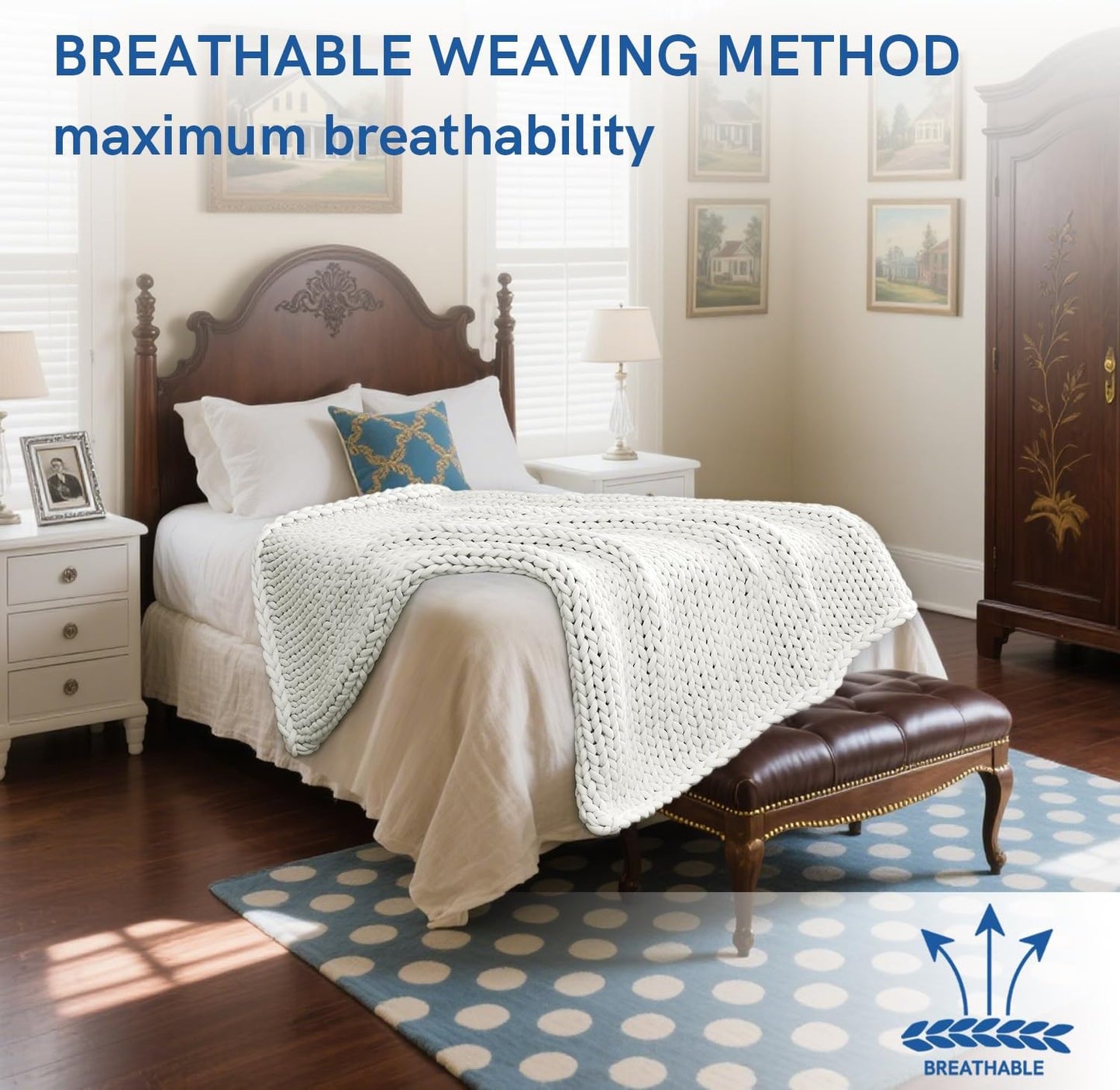 YnM Cooling Chunky Throw Blanket, Medium-Weight, Hand Knitted, Skin Friendly, Ventilated and Breathable, Machine Washable, Home Décor Piece for Couch, Sofa and Bed (White, 50x70 Inch)