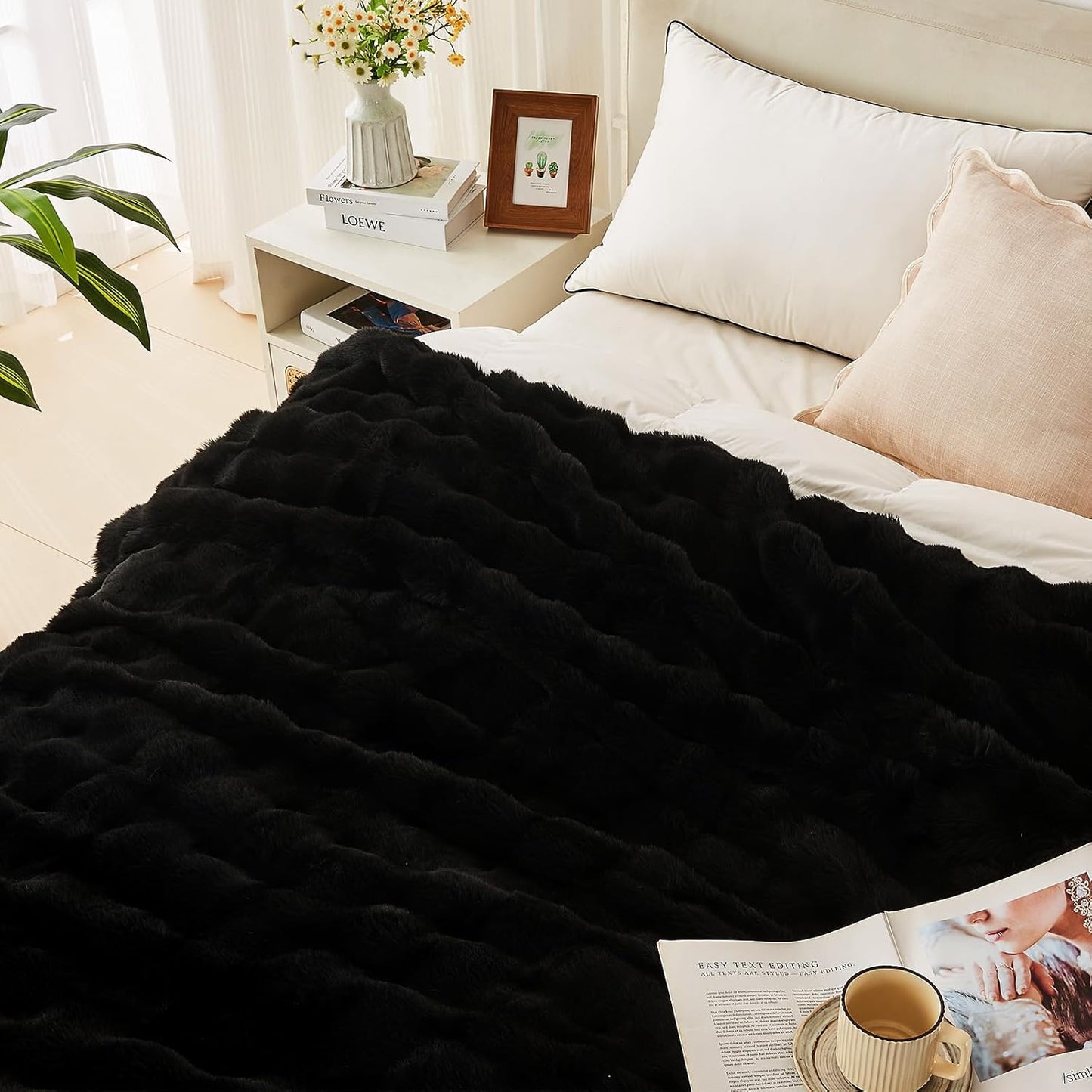 Lotus Karen Faux Fur Blanket Black - Big Bubble Rabbit Fluff King Throw for The Bed Large Fluffy Fuzzy Cozy Thick Furry Plush Shaggy Blankets 108x90 Inches