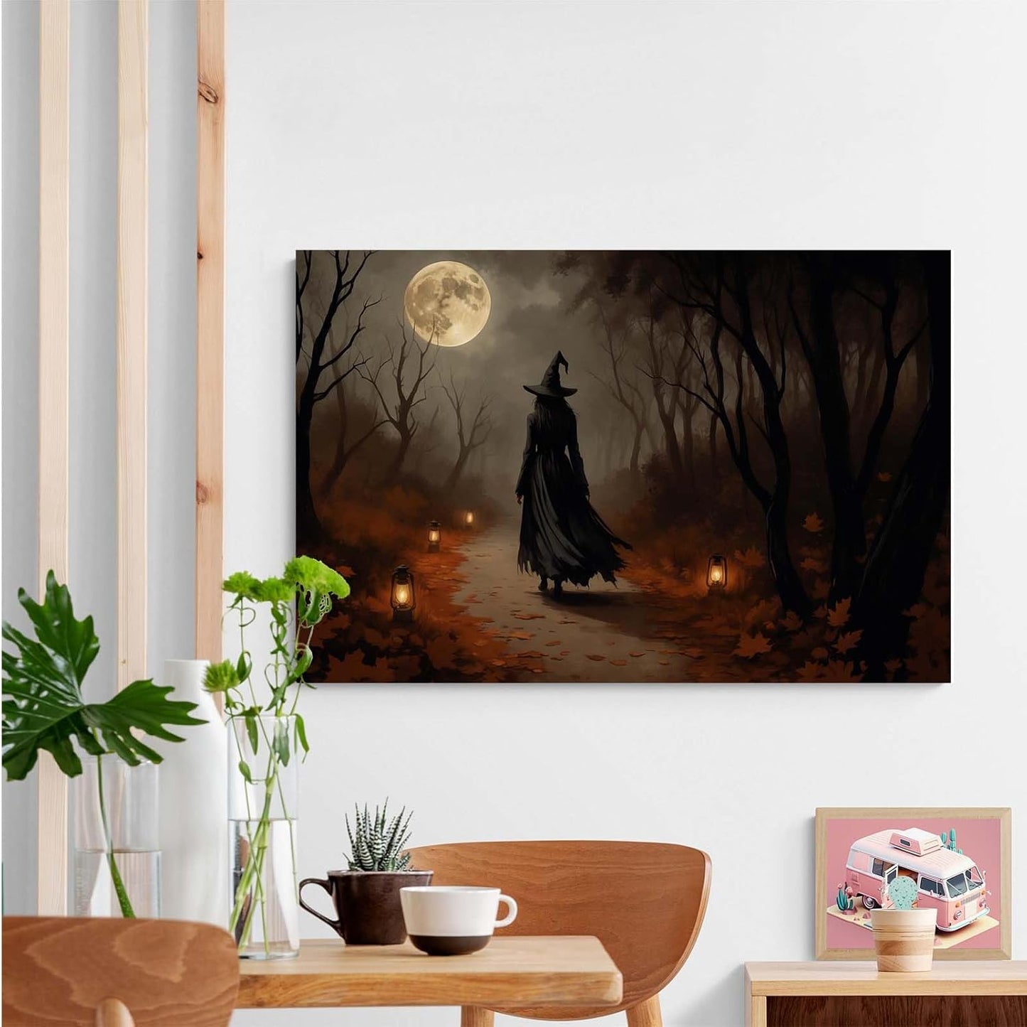JFHCQJPK Moonlight witch poster dim lantern Halloween decoration Gothic style dark retro college style canvas wall art suitable for living room bedroom24x36in Frameless