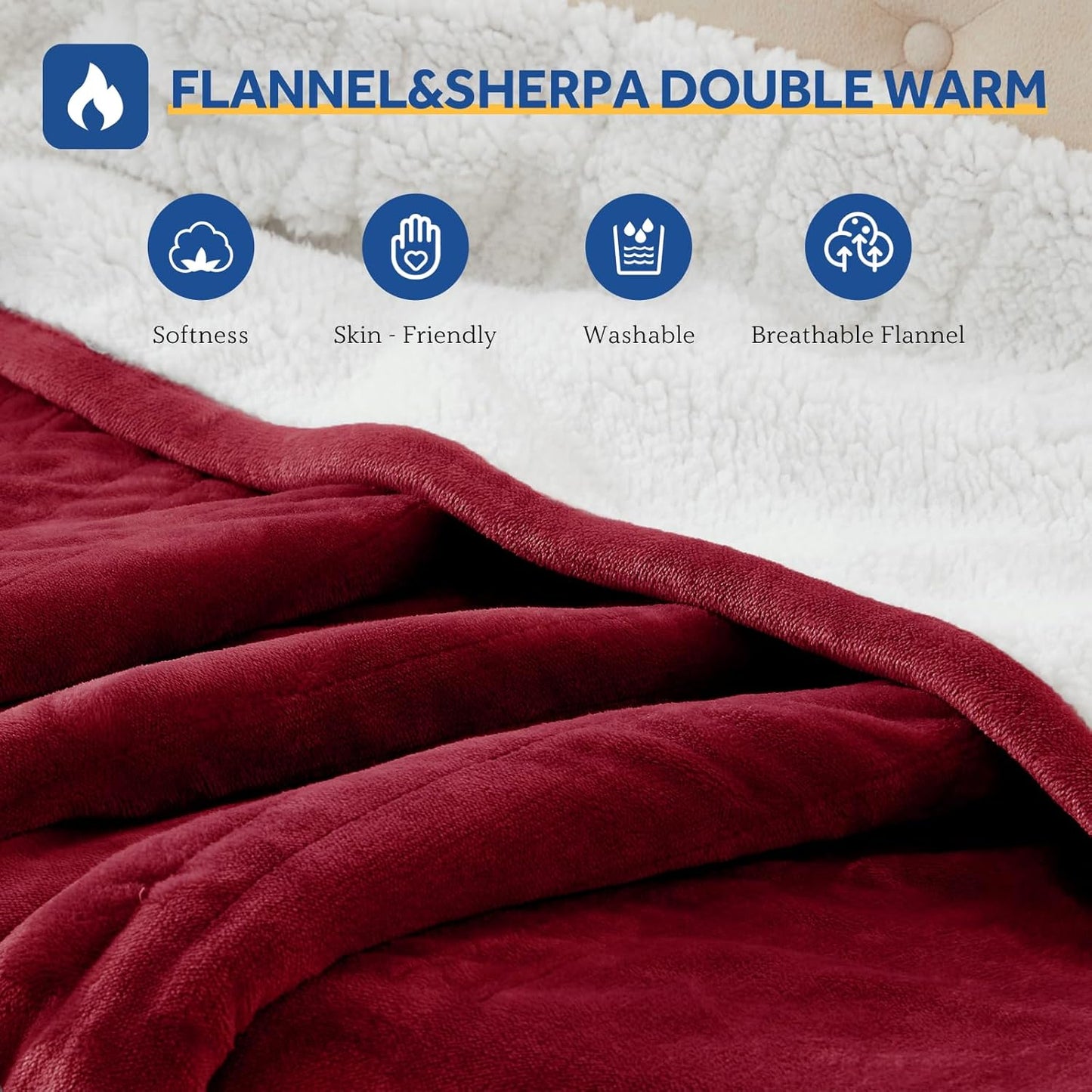 Sealy Electric Blanket Throw Size 50"*60",Super Cozy Flannel to Sherpa Reversible Heated Blanket Throw with 6 Heating Levels & 2-10 Hours Auto Off Overheating Protection Machine Washable,Red