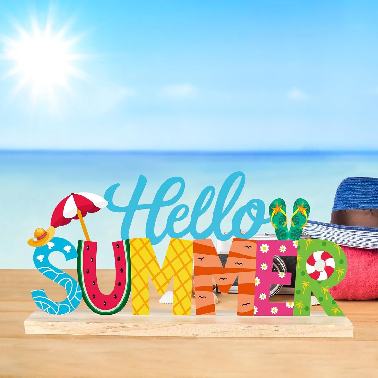 COCHIE Metal Hello Summer Sign, Summer Decorations for Home, Office, Shelf, Mantel, Indoor, Beach Slippers Tabletop Centerpiece Decoration, Watermelon Red Decor (Beach)