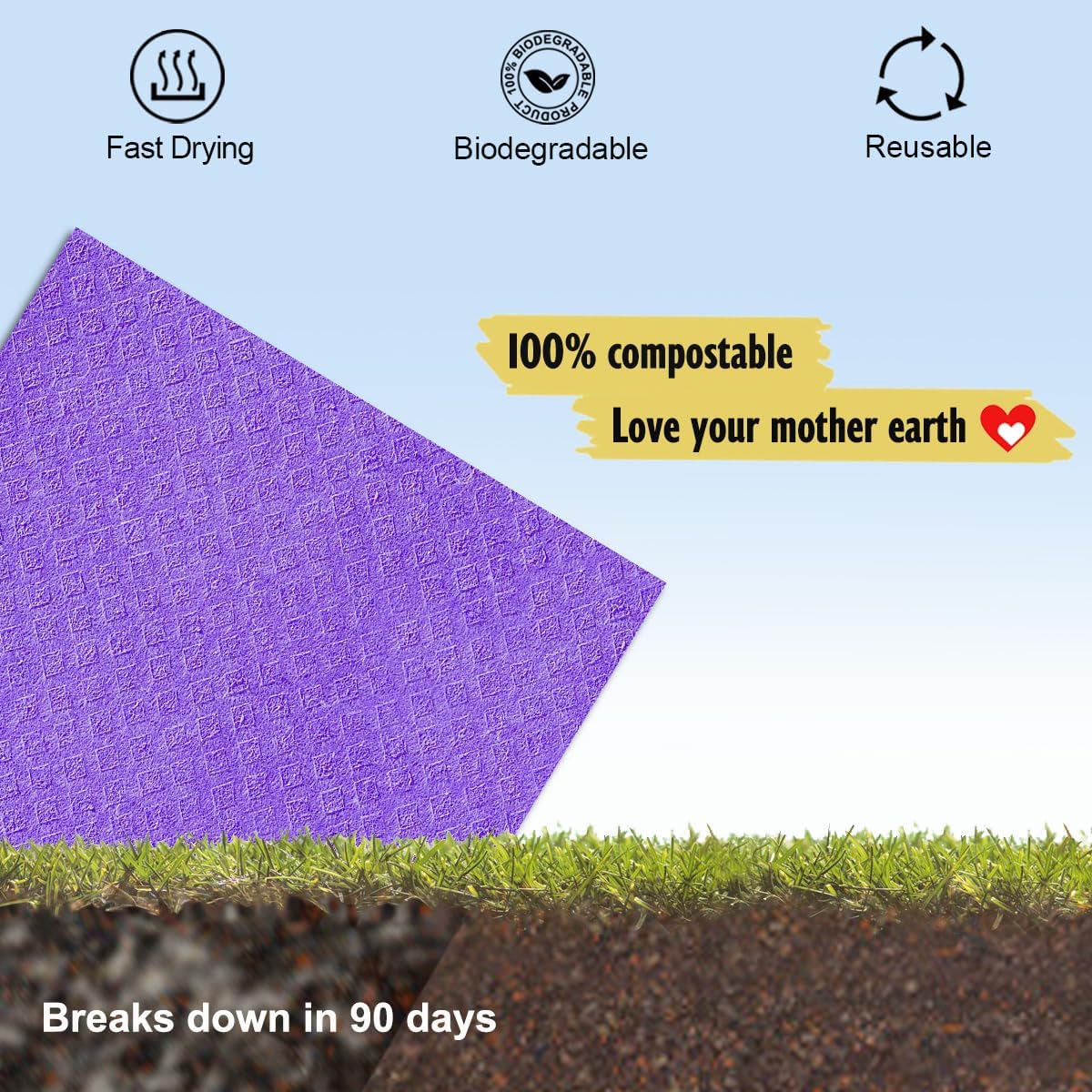 Swedish Dishcloths for Kitchen | 6 Pack Absorbent Cellulose Sponge Cloths Washable | Non-Scratch Reusable Paper Towels Quick Drying Cleaning Cloths - Purple