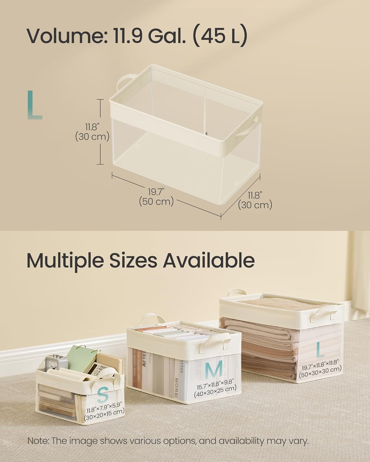 SONGMICS Storage Bins Set of 3, Large Fabric Storage Baskets, Foldable Organizer with Transparent Nylon Mesh, 19.7 x 11.8 x 11.8 Inches, Handles, for Bedroom, Living Room, Cream White URFB950W01