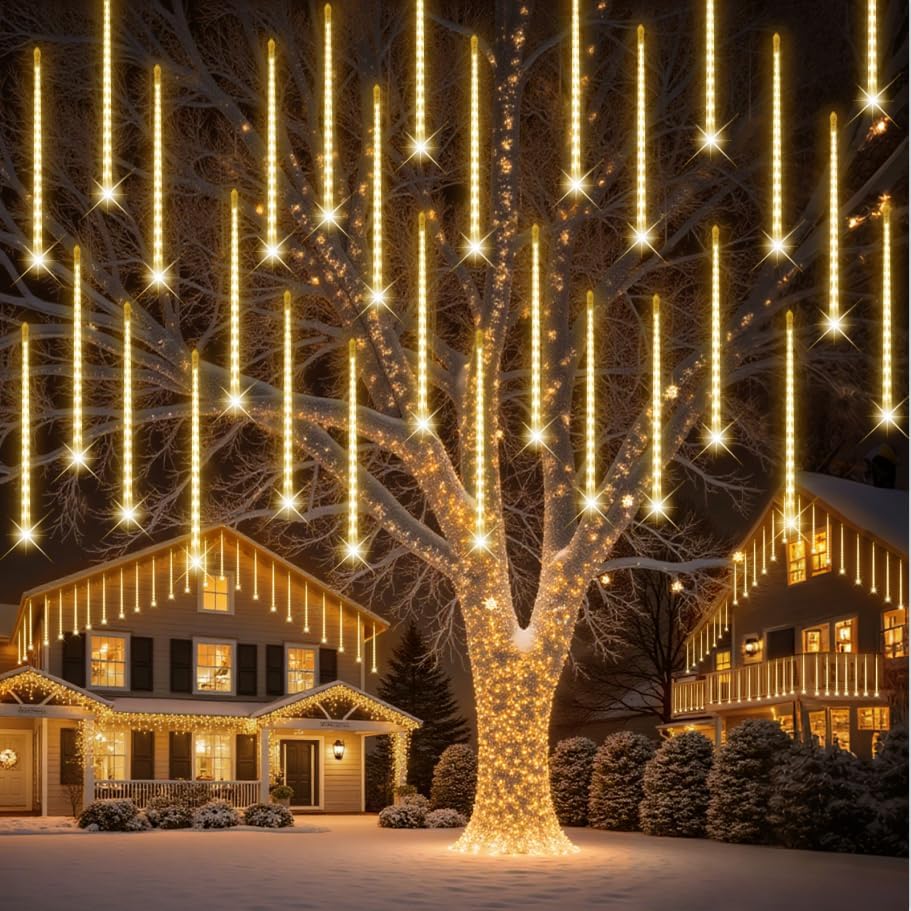 PEMOTech Christmas Lights Outdoor,24 Tubes 30cm 576 Led Meteor Shower Lights, Waterproof Christmas Decorations Icicle Light for Xmas Tree Halloween Party, Ul Plug,Warm White
