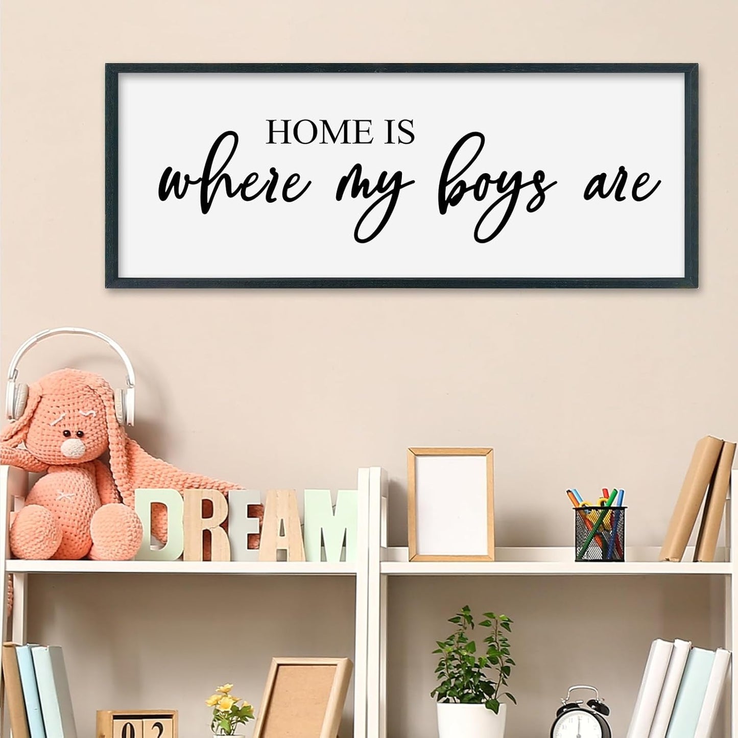 SRSZHIYUE Home Is Where My Boys Are Sign Wall Art Decor 40"×15" for Family Bedroom Large Wood Framed Wall Hanging (Black)