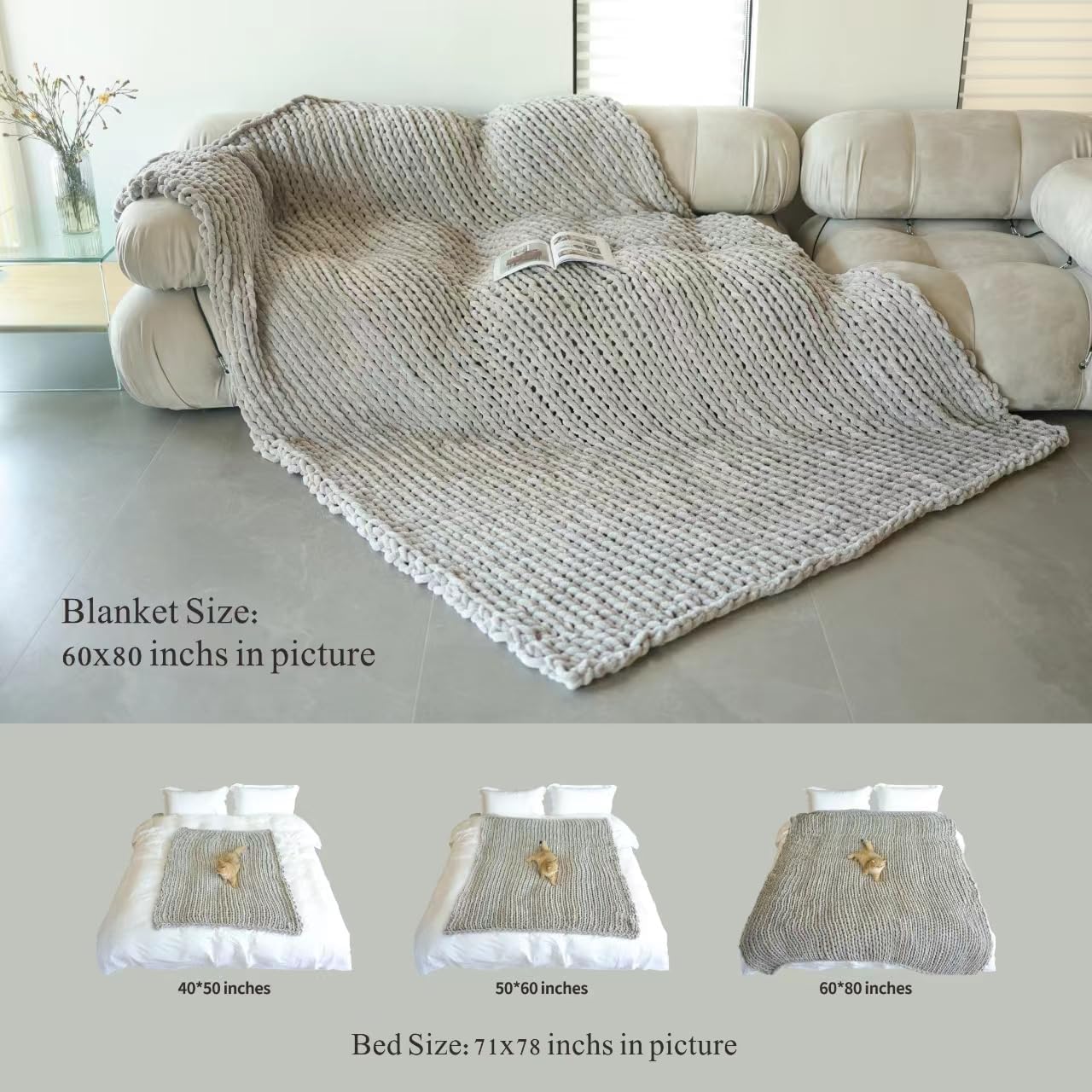 Maetoow Tighter Version Chenille Chunky Knit Blanket Throw (60×80 Inch), Handmade Warm & Cozy Blanket Couch, Bed, Home Decor, Soft Fleece Banket, Boho Thick Blankets and Giant Yarn Throws,Beige