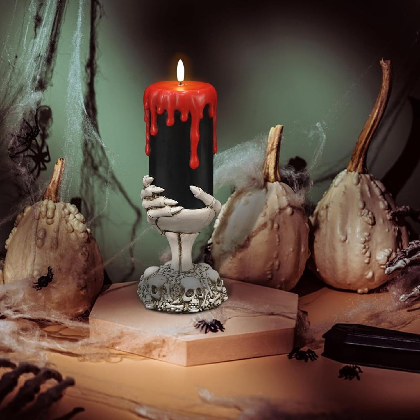 Wondise Halloween Flameless Candles with Ghost Hand, Battery Operated LED Black Candles with 6hrs Timer, Real Wax Pillar Candles with Flickering 3D Wick for Halloween Home Theme Party Decor