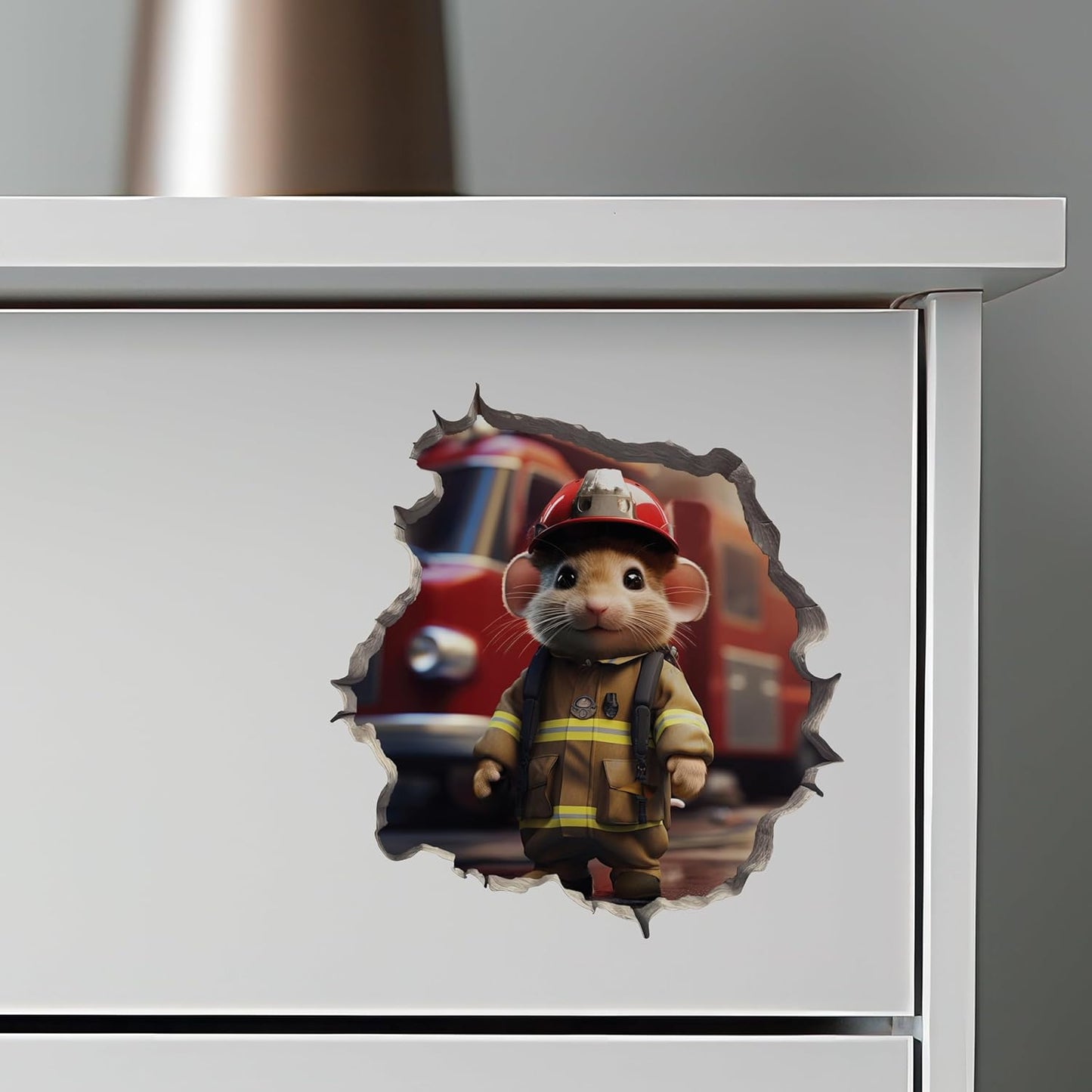 Firefighter Mouse in Mouse Hole Decal - Mouse Hole 3D Wall Sticker
