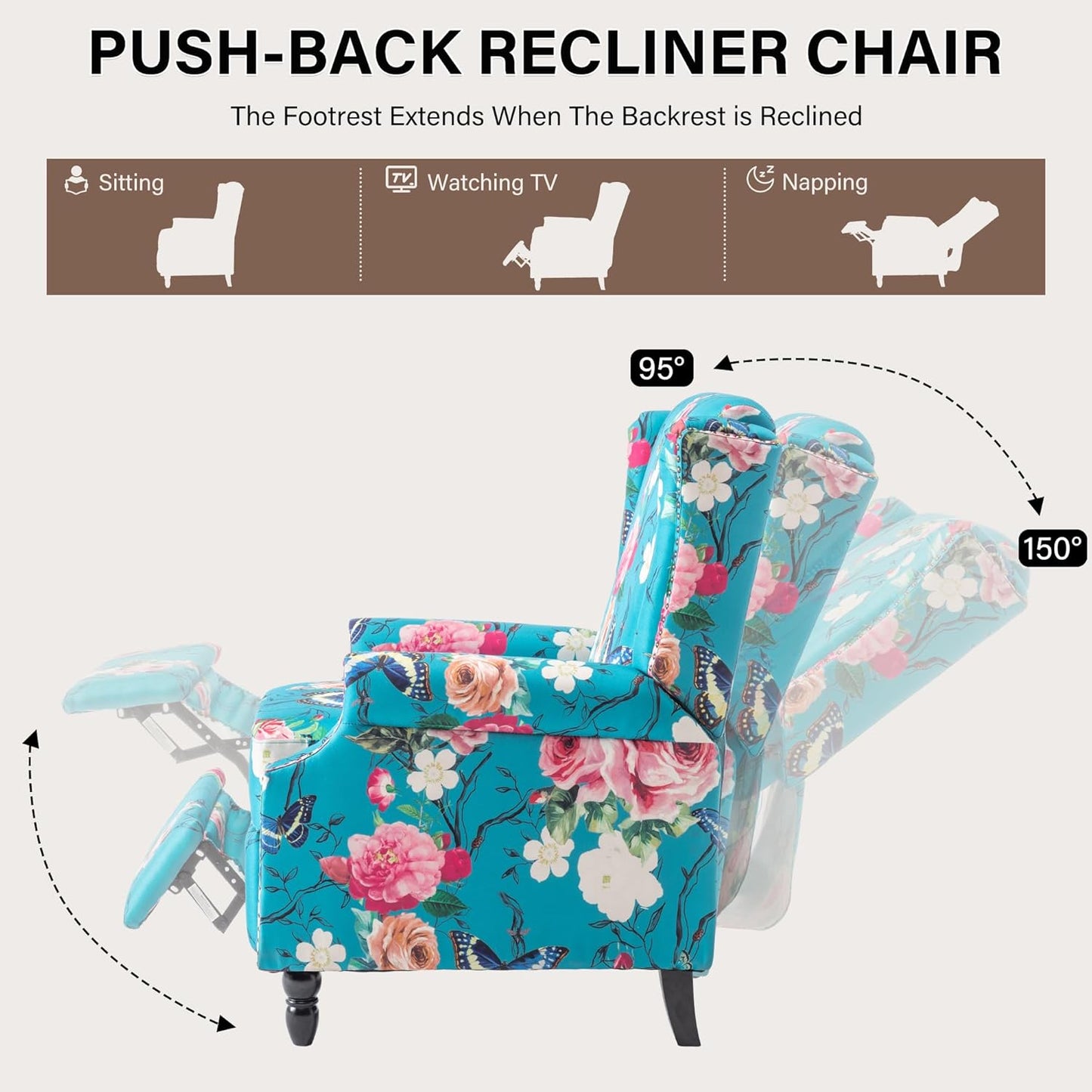 UIXE Floral Pushback Recliner Chair, Fabric Upholstered Armchair Push Back Accent Chair for Living Room, Rivet Trim Club Chair Home Theater Single Sofa Reading Seat - Peacock Blue