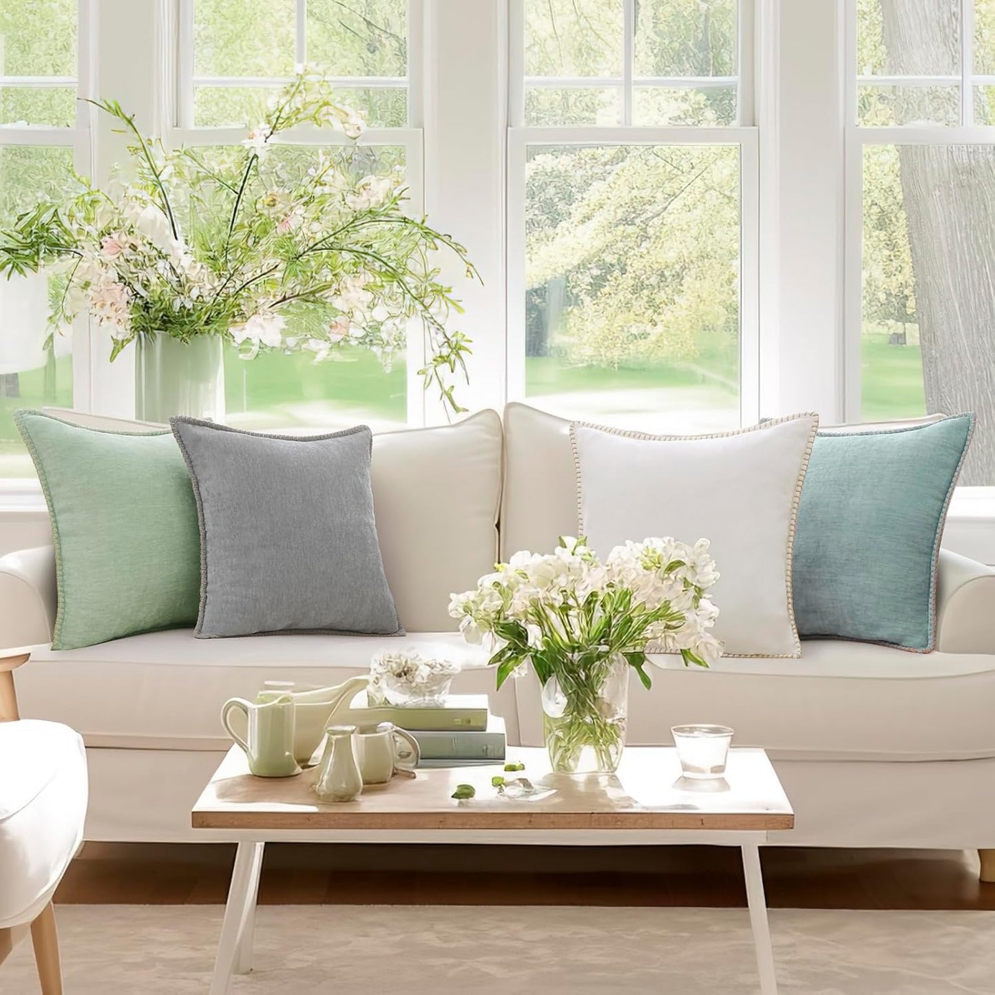 decorUhome Chenille Soft Throw Pillow Covers 18x18 Set of 2, Farmhouse Velvet Neutral Decorative Euro Pillow Covers with Stitched Edge for Couch Sofa Bed Home Decor, Aqua Haze