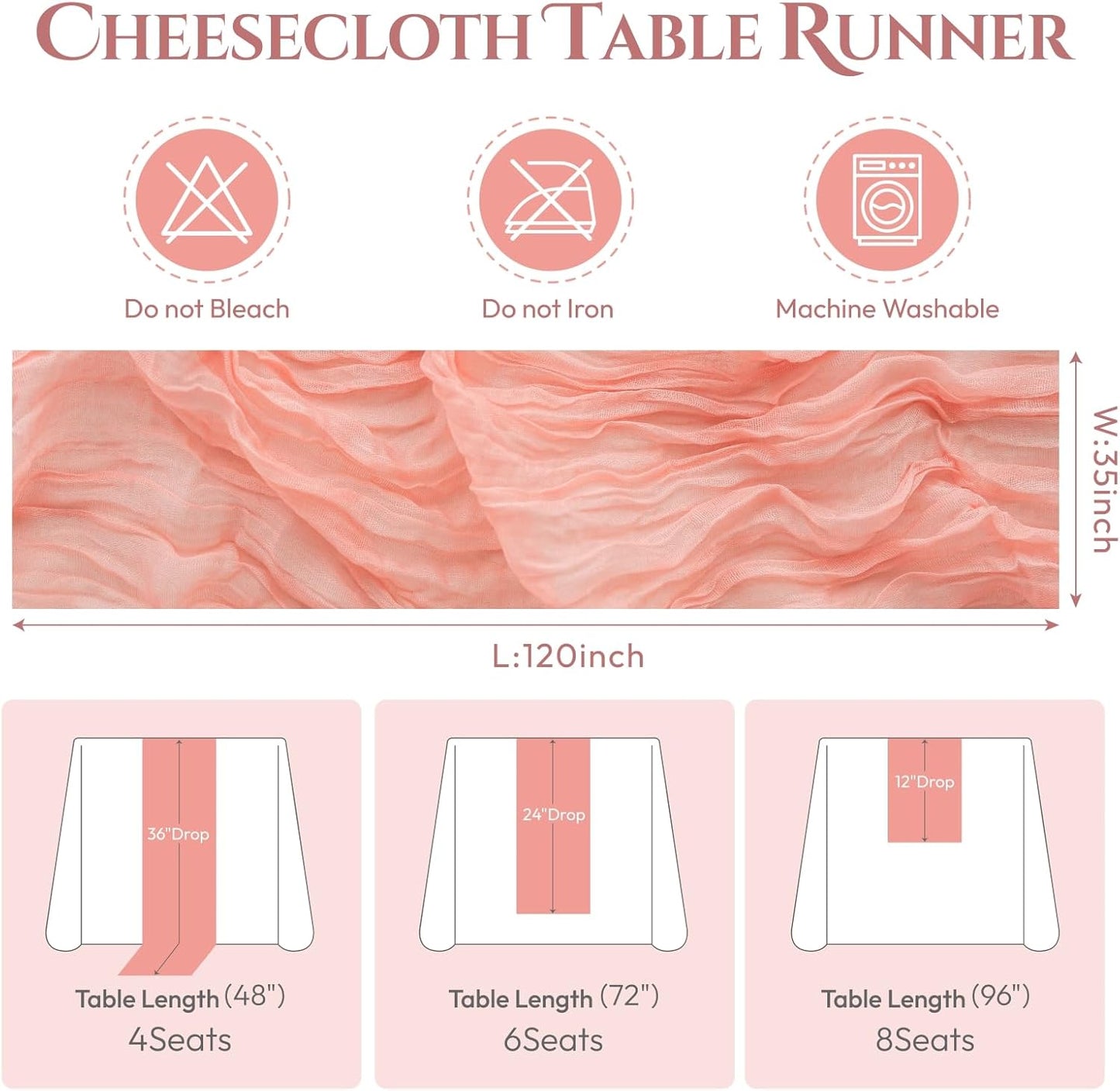 Sioloc 5 Pack Peach Coral Cheesecloth Table Runner Fall Autumn Decor for Home 10ft Table Cloth for Tea Wedding Birthday Party Baby Bridal Shower Halloween Thanksgiving