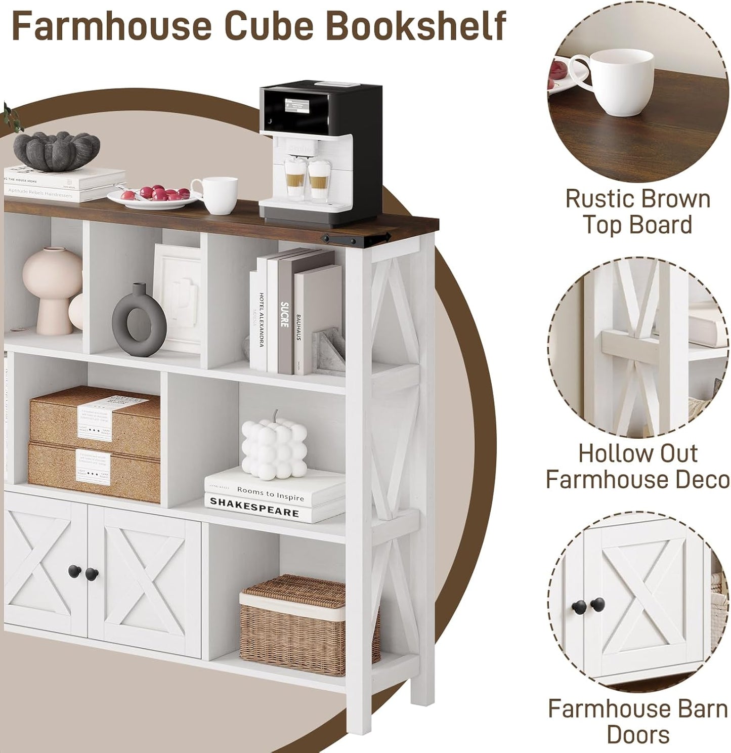 11 Cube Storage Organizer Bookshelf, Wooden Open Cube Shelf Bookcase, Farmhouse Display Book Shelf, 3 Tier Cube Bookshelves with Storage, Rustic White